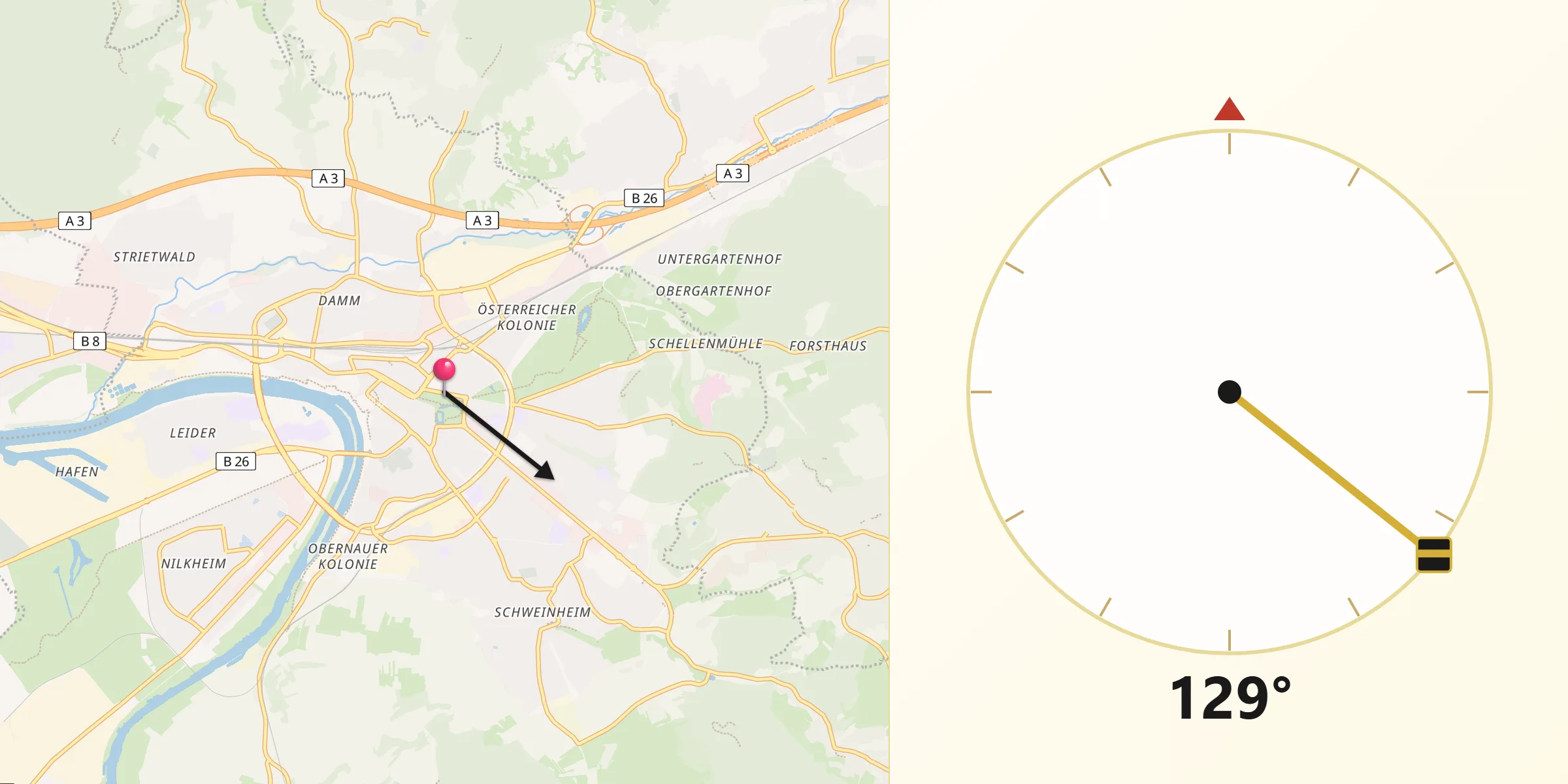 Qibla-Richtung von Aschaffenburg