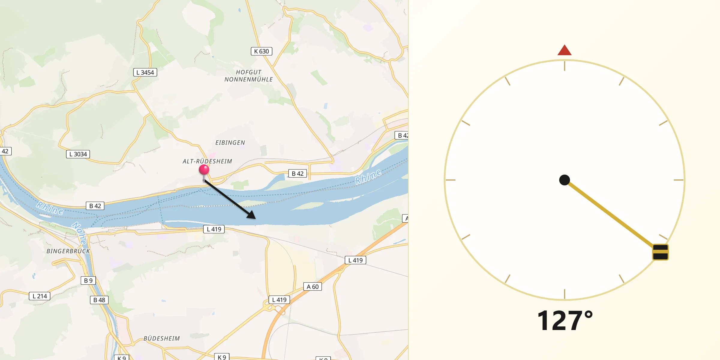 Qibla-Richtung von Rüdesheim am Rhein