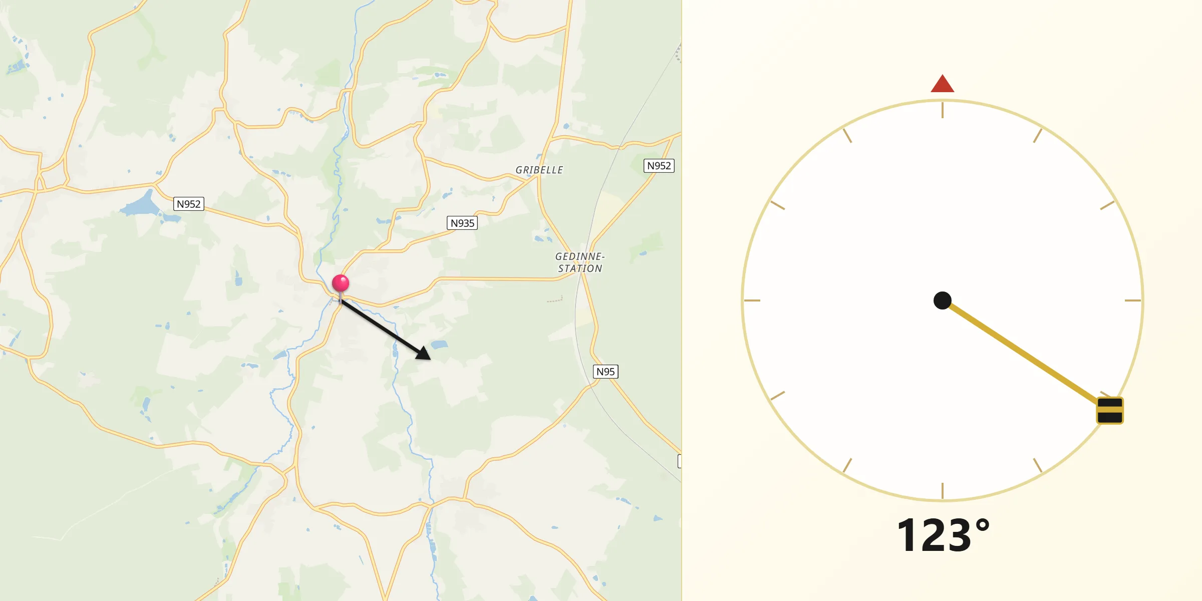 Direction vers la Qibla depuis Gedinne