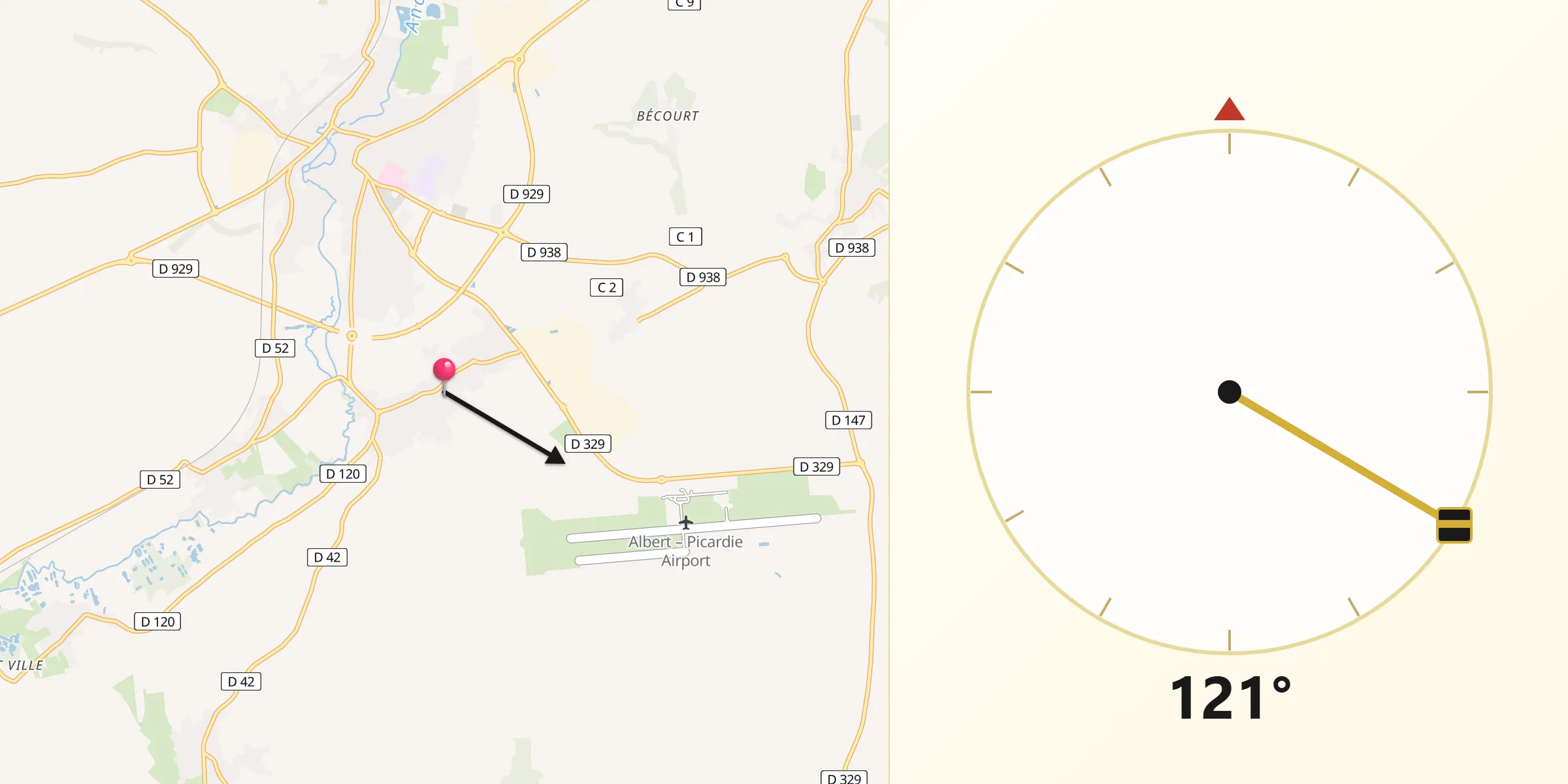 Direction vers la Qibla depuis Méaulte