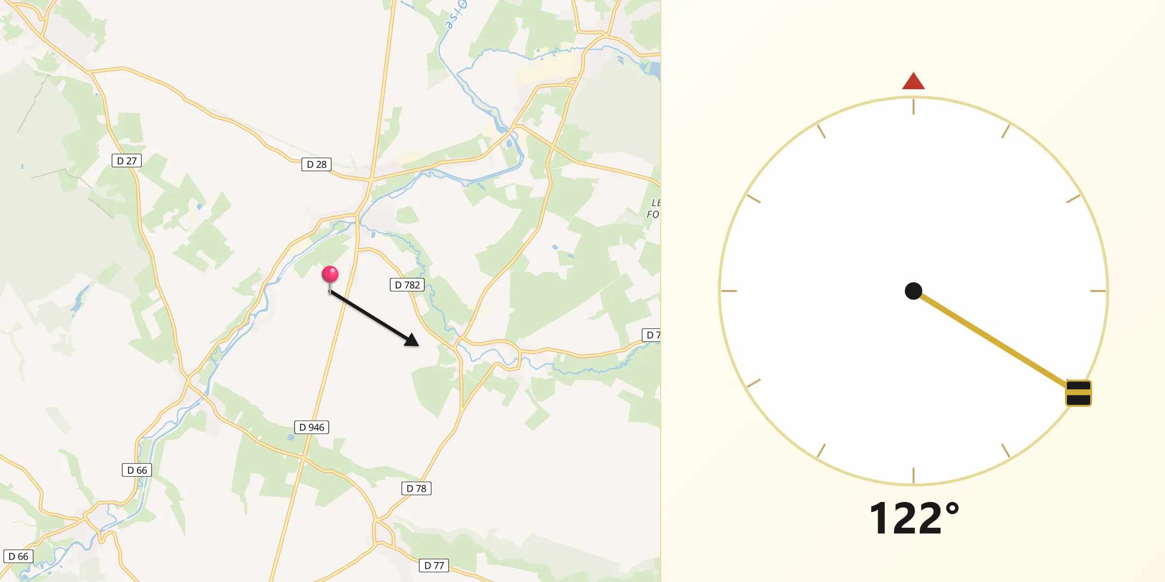 Direction vers la Qibla depuis Étreux