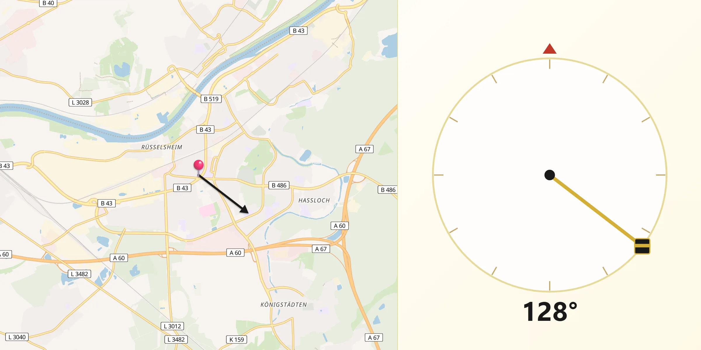 Qibla-Richtung von Rüsselsheim