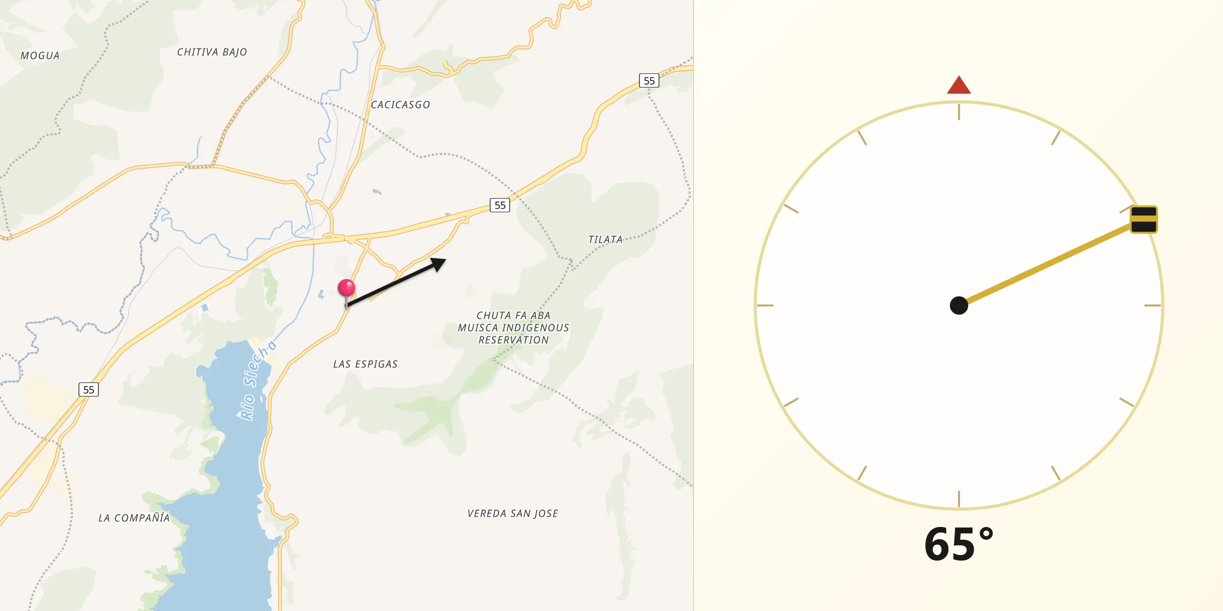Dirección de la Qibla desde Sesquilé