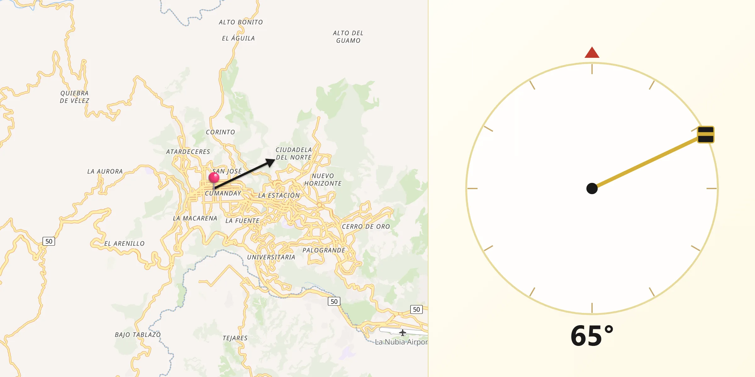 Dirección de la Qibla desde Manizales