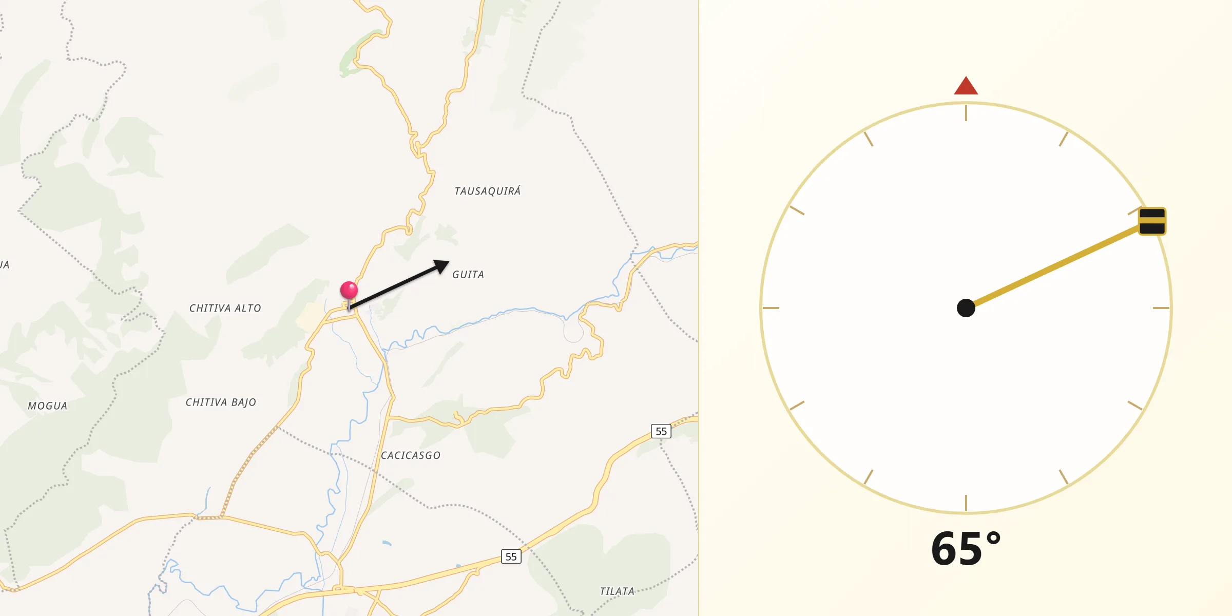 Dirección de la Qibla desde Suesca