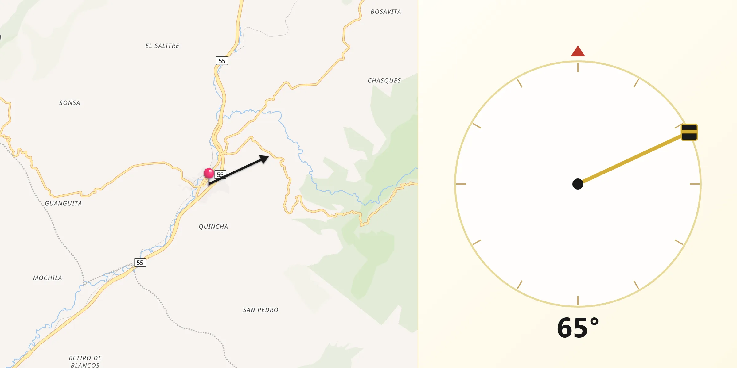 Dirección de la Qibla desde Villapinzón