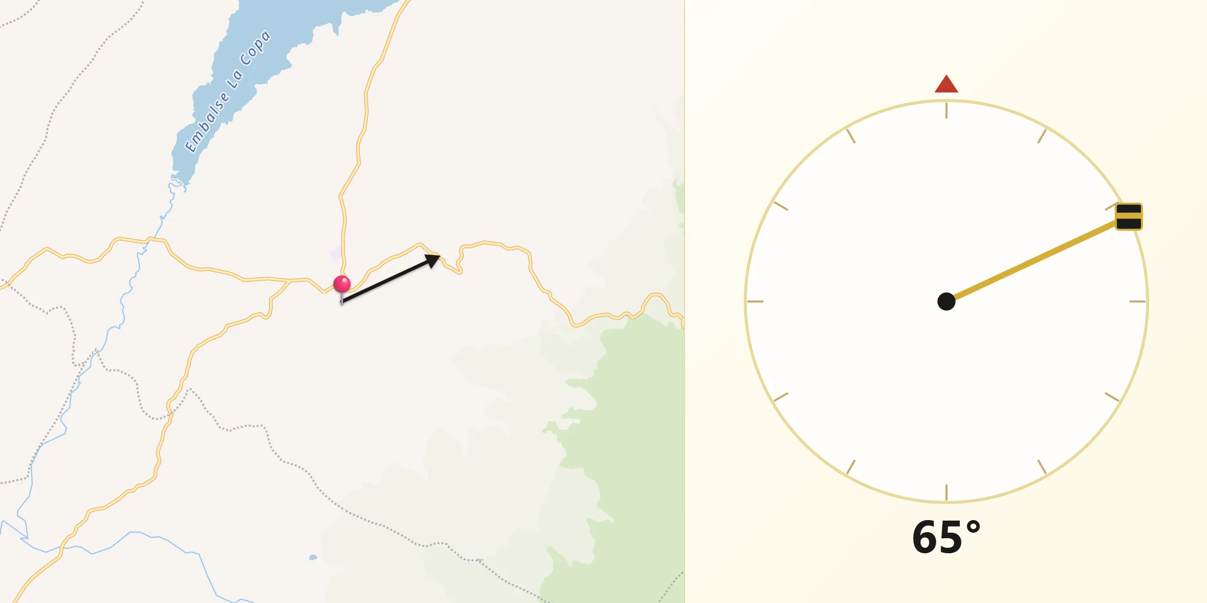 Dirección de la Qibla desde Toca