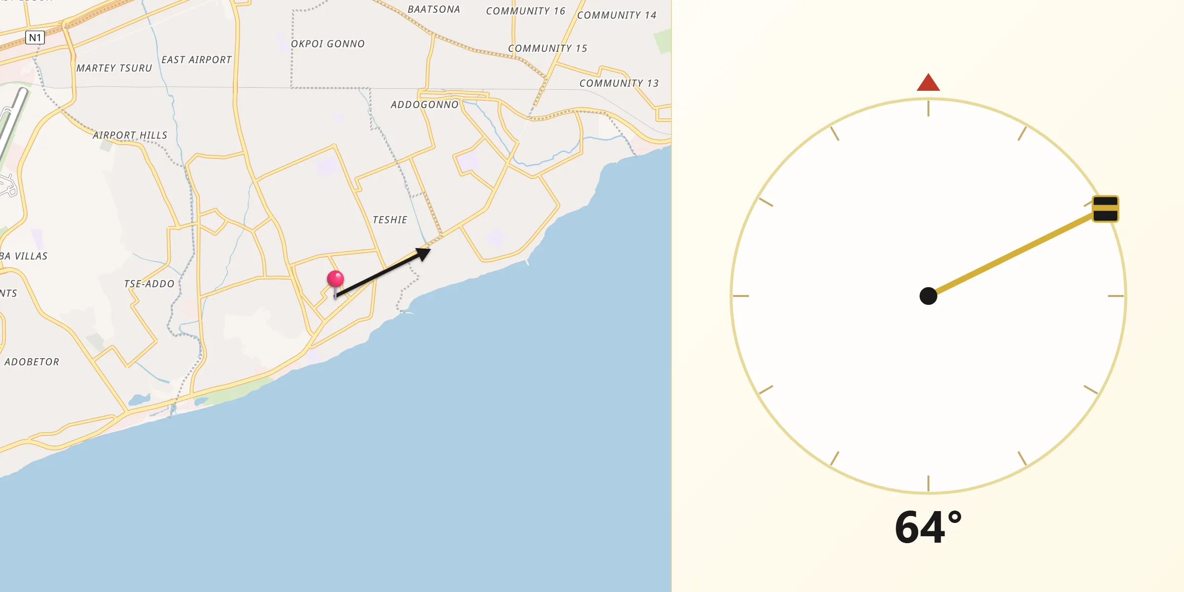 Qibla Direction from Teshie