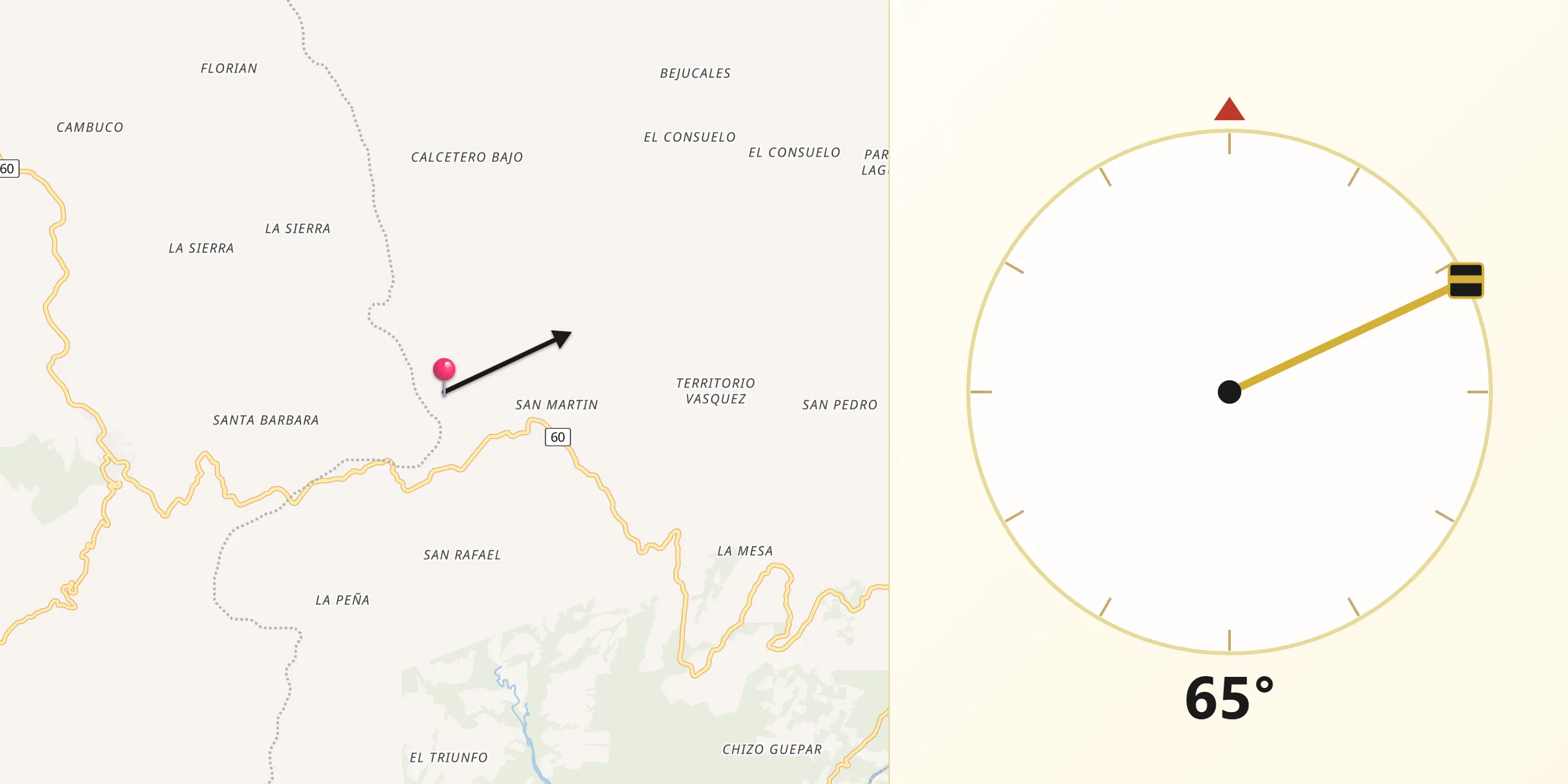 Dirección de la Qibla desde San Pablo de Borbur