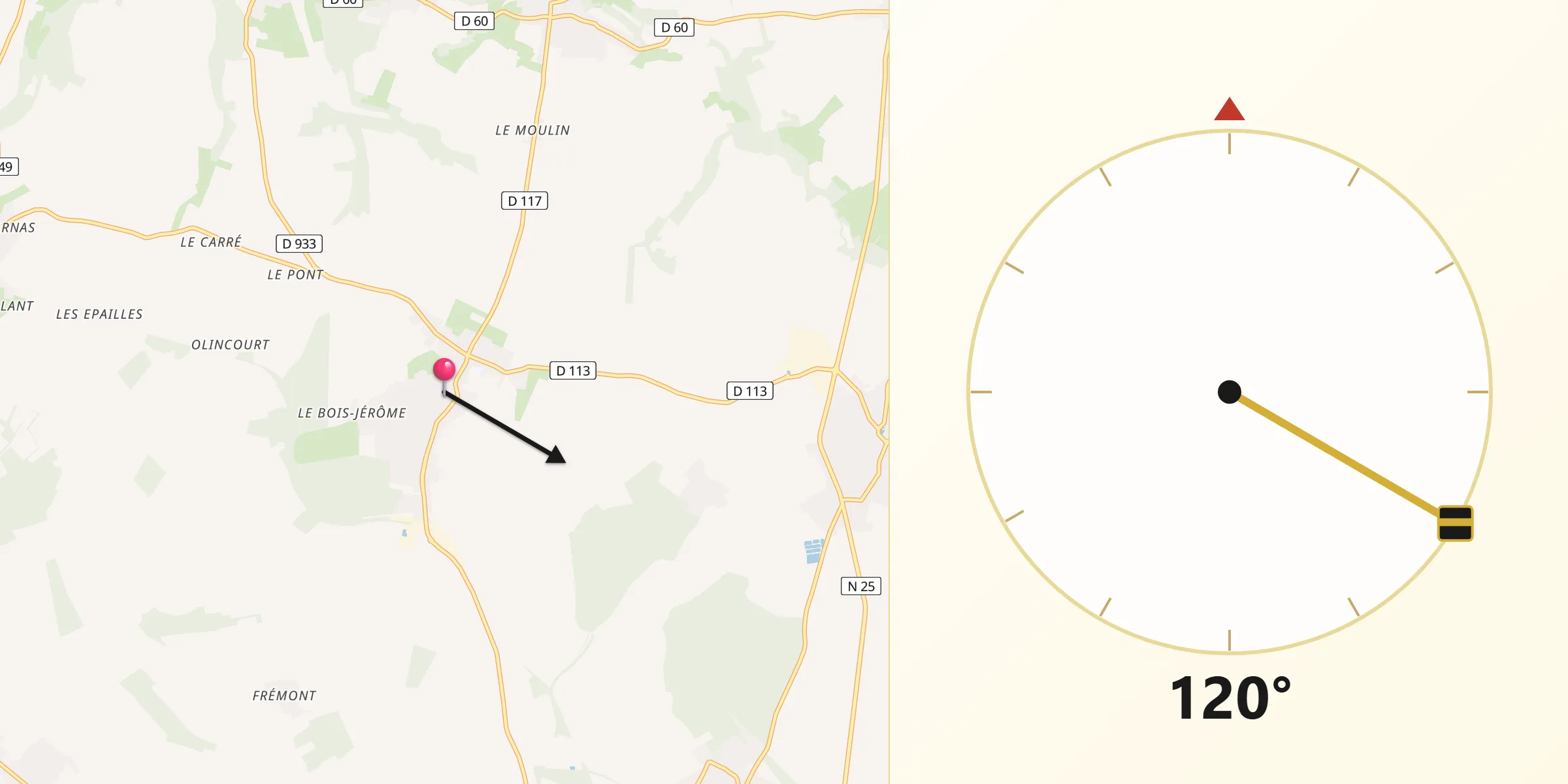 Direction vers la Qibla depuis Flesselles