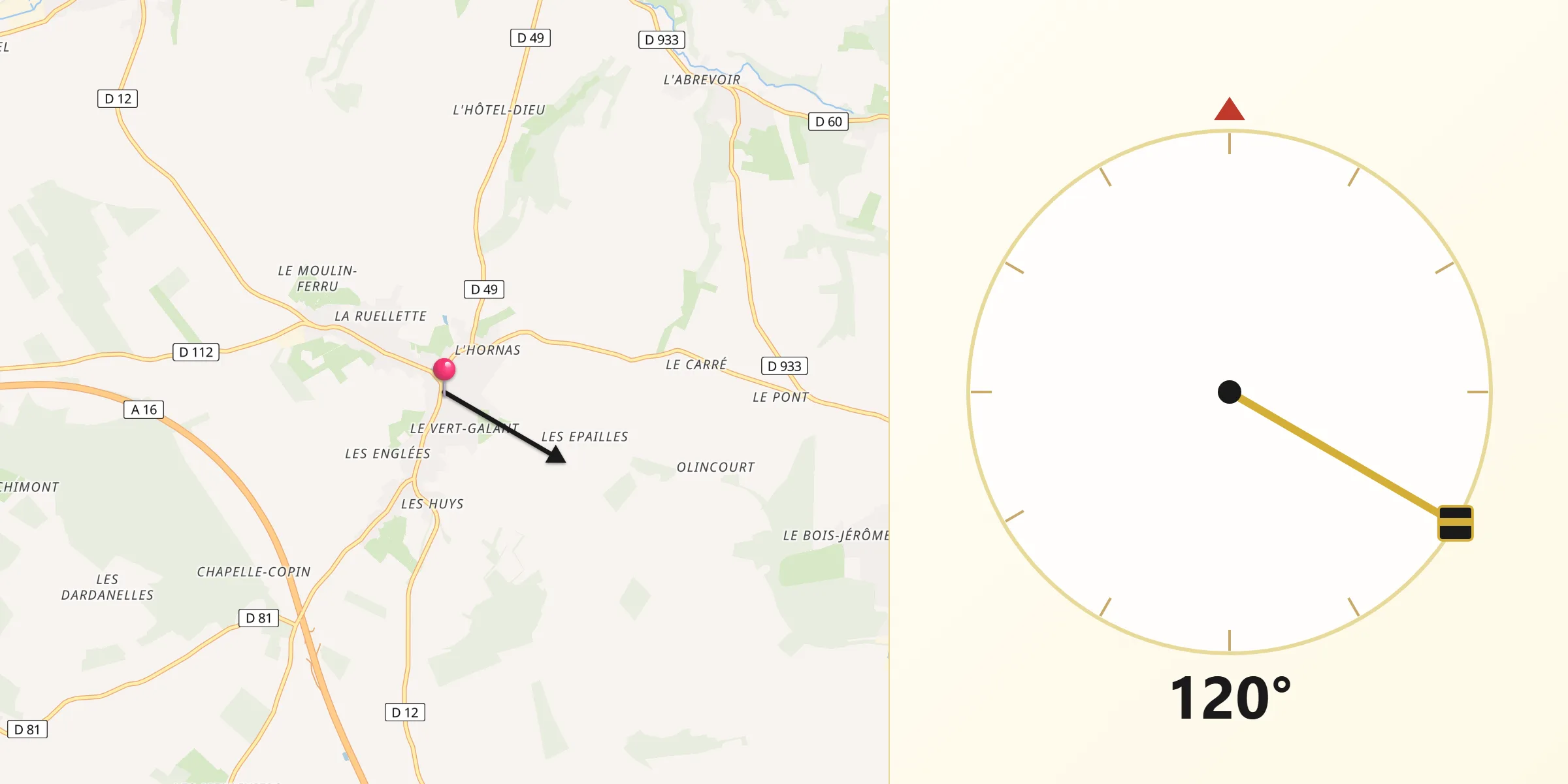 Direction vers la Qibla depuis Vignacourt