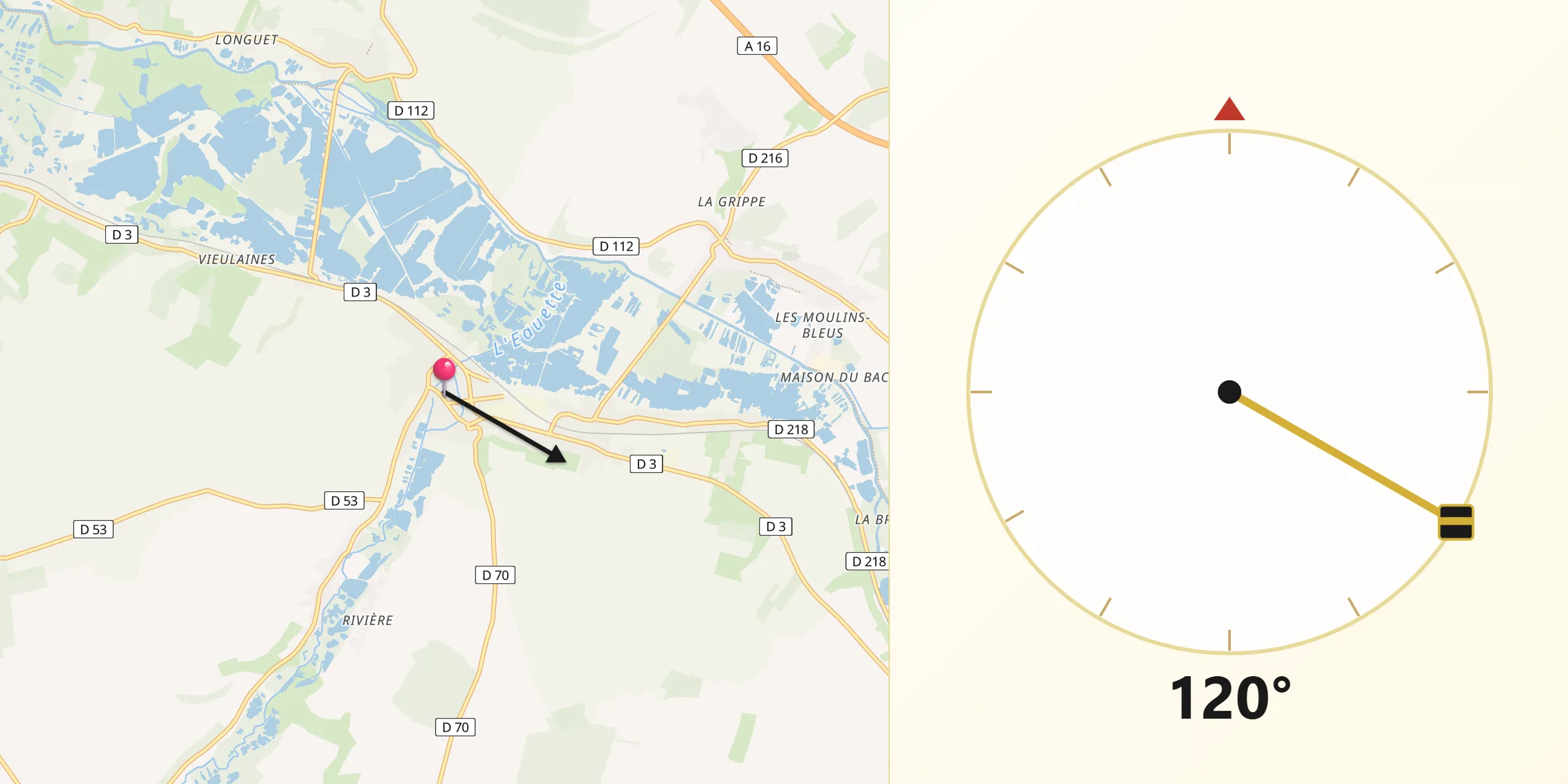 Direction vers la Qibla depuis Longpré-les-Corps-Saints