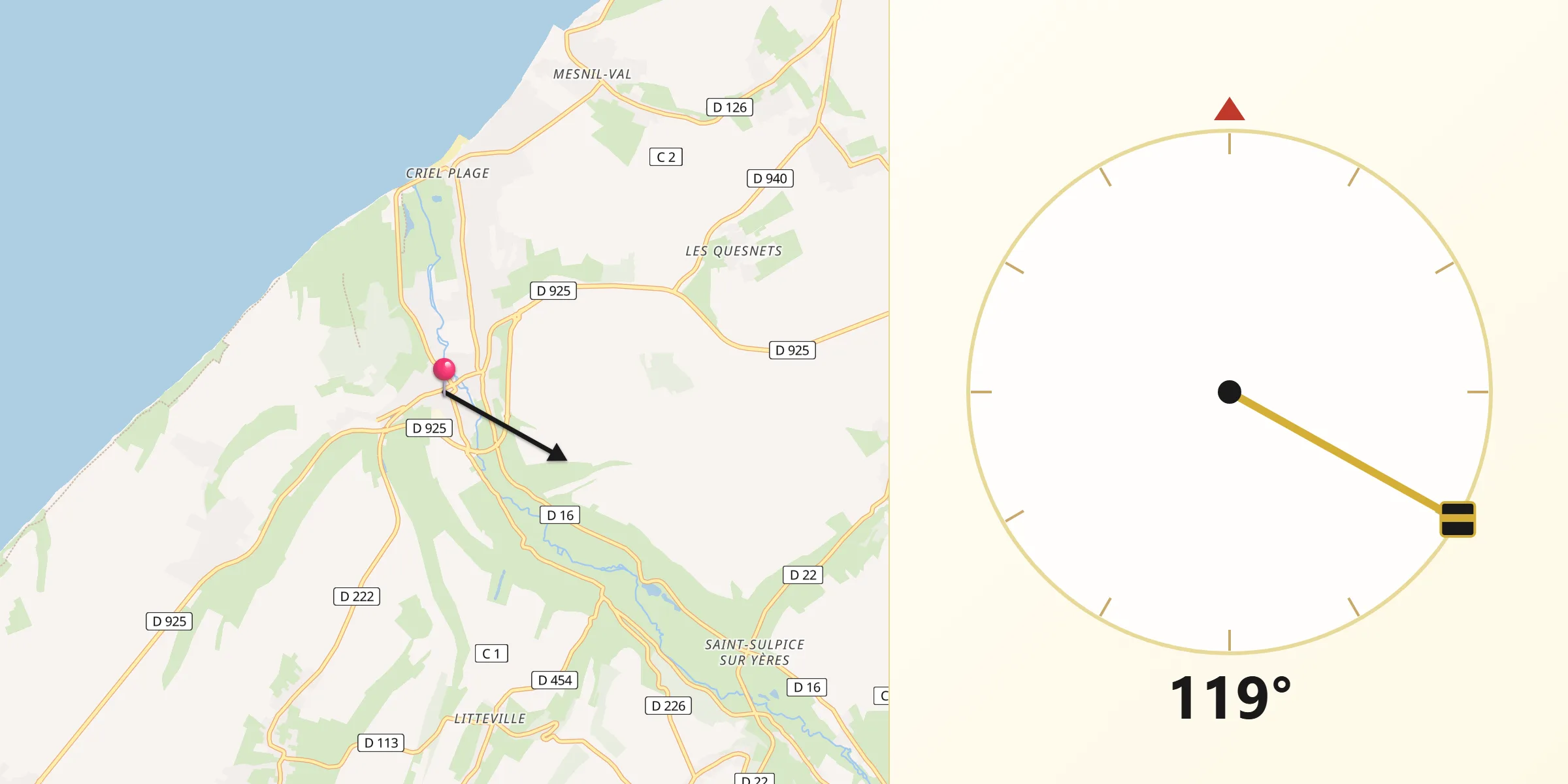 Direction vers la Qibla depuis Criel-sur-Mer