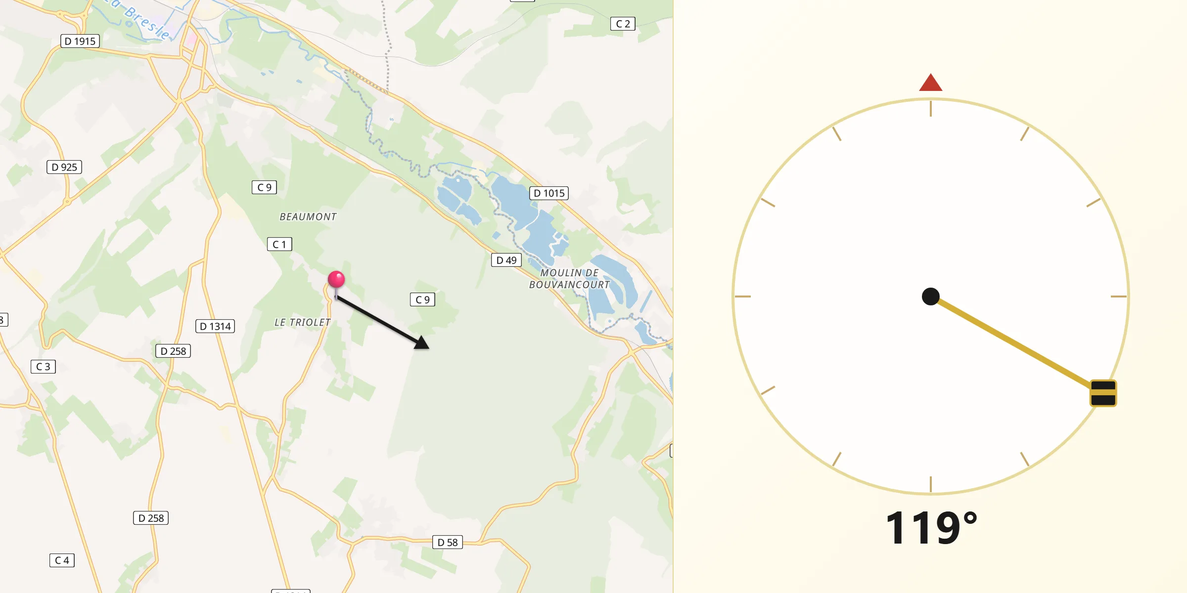 Direction vers la Qibla depuis Saint-Pierre-en-Val