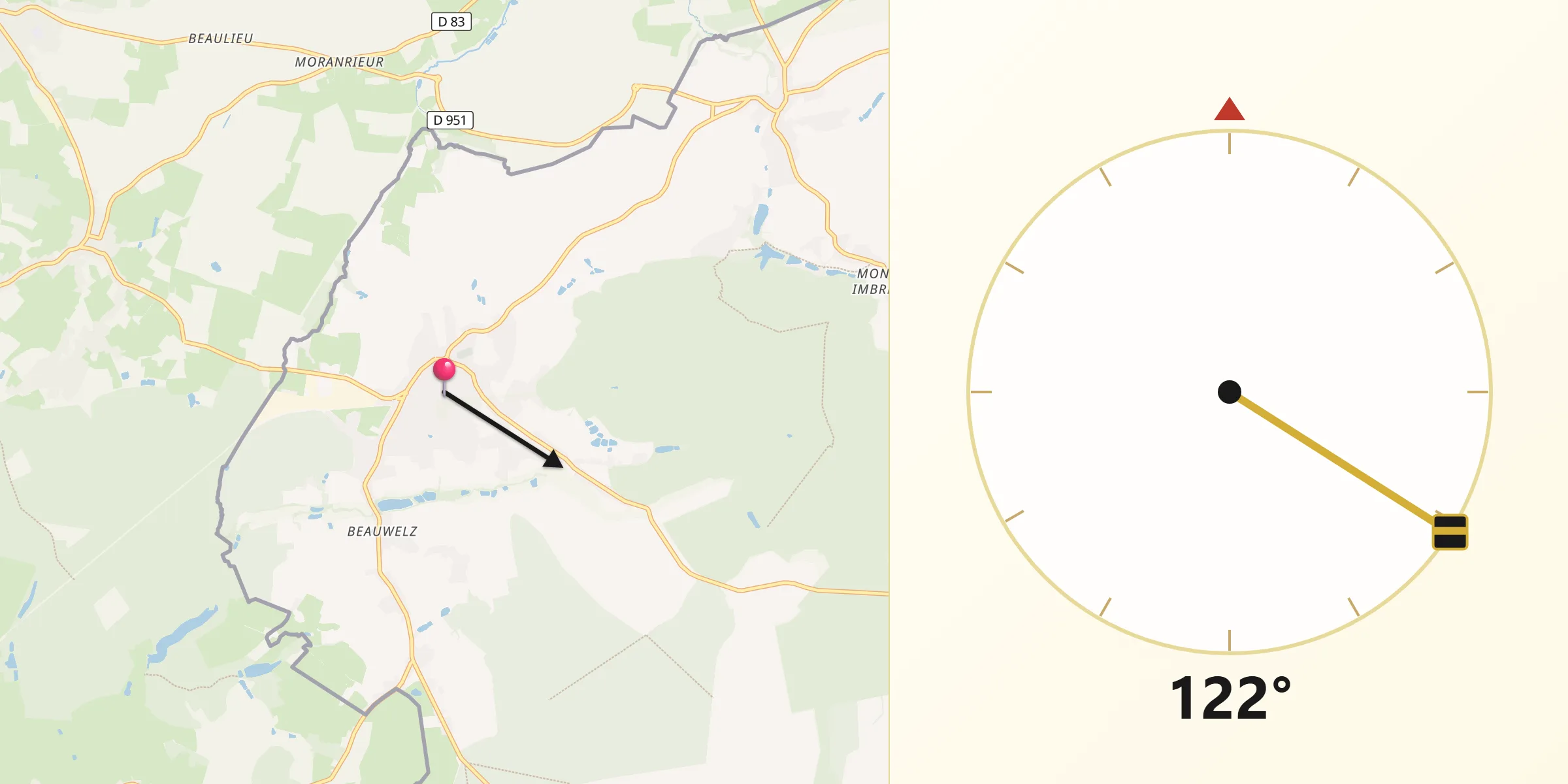 Direction vers la Qibla depuis Momignies