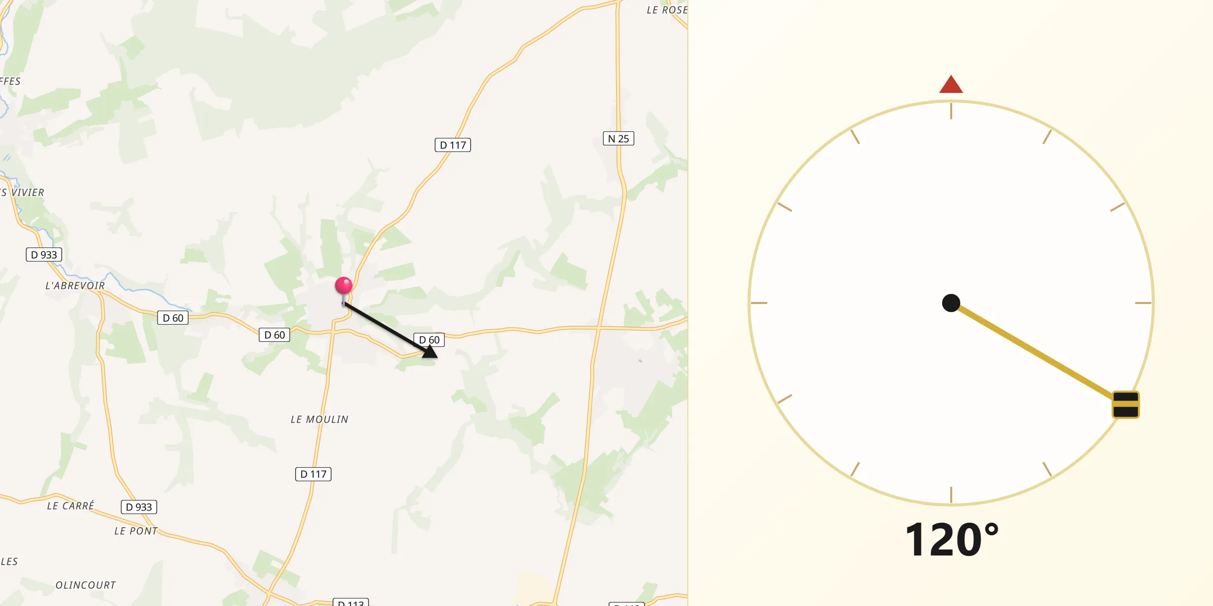 Direction vers la Qibla depuis Naours