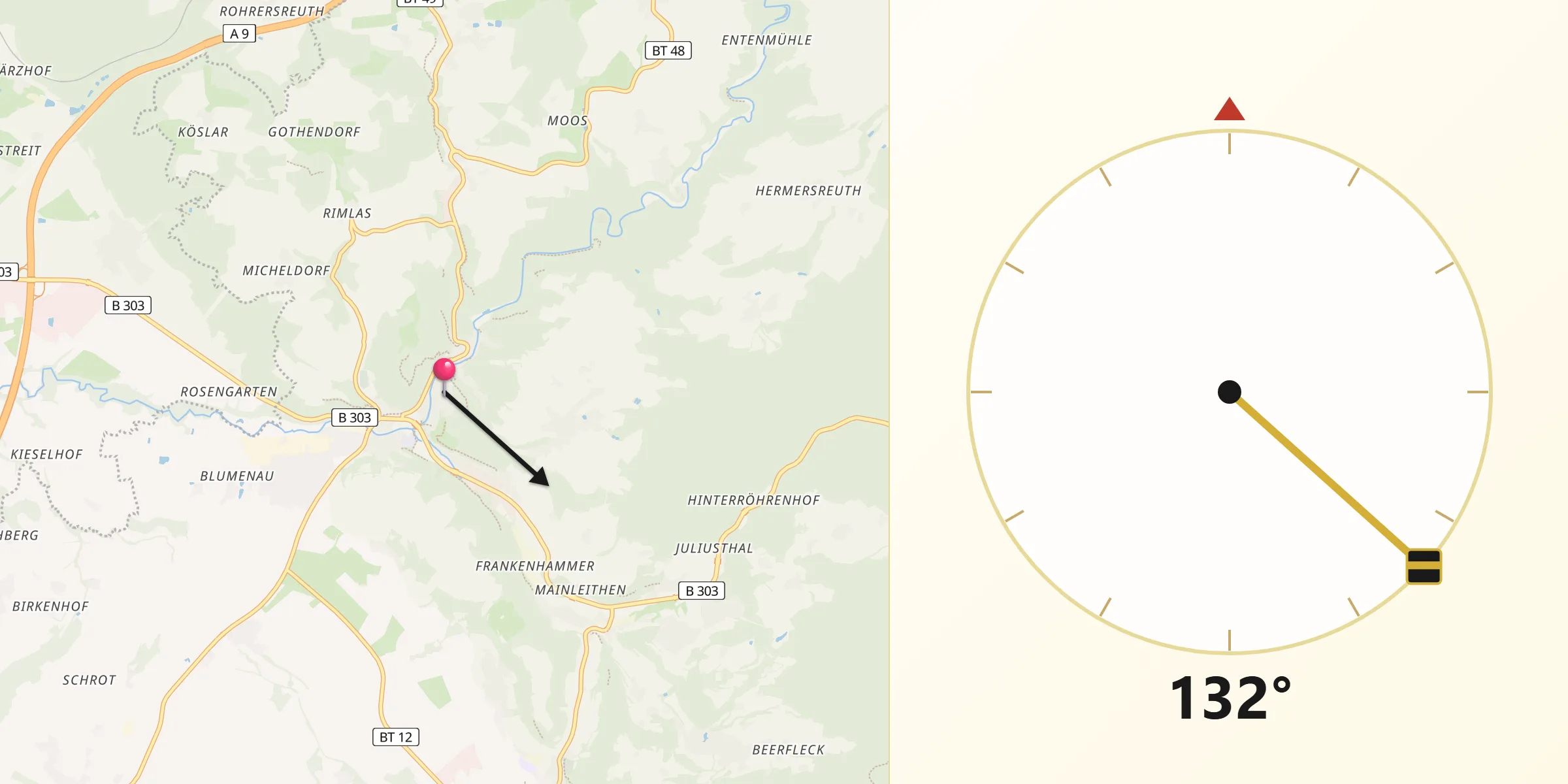 Qibla-Richtung von Bad Berneck im Fichtelgebirge
