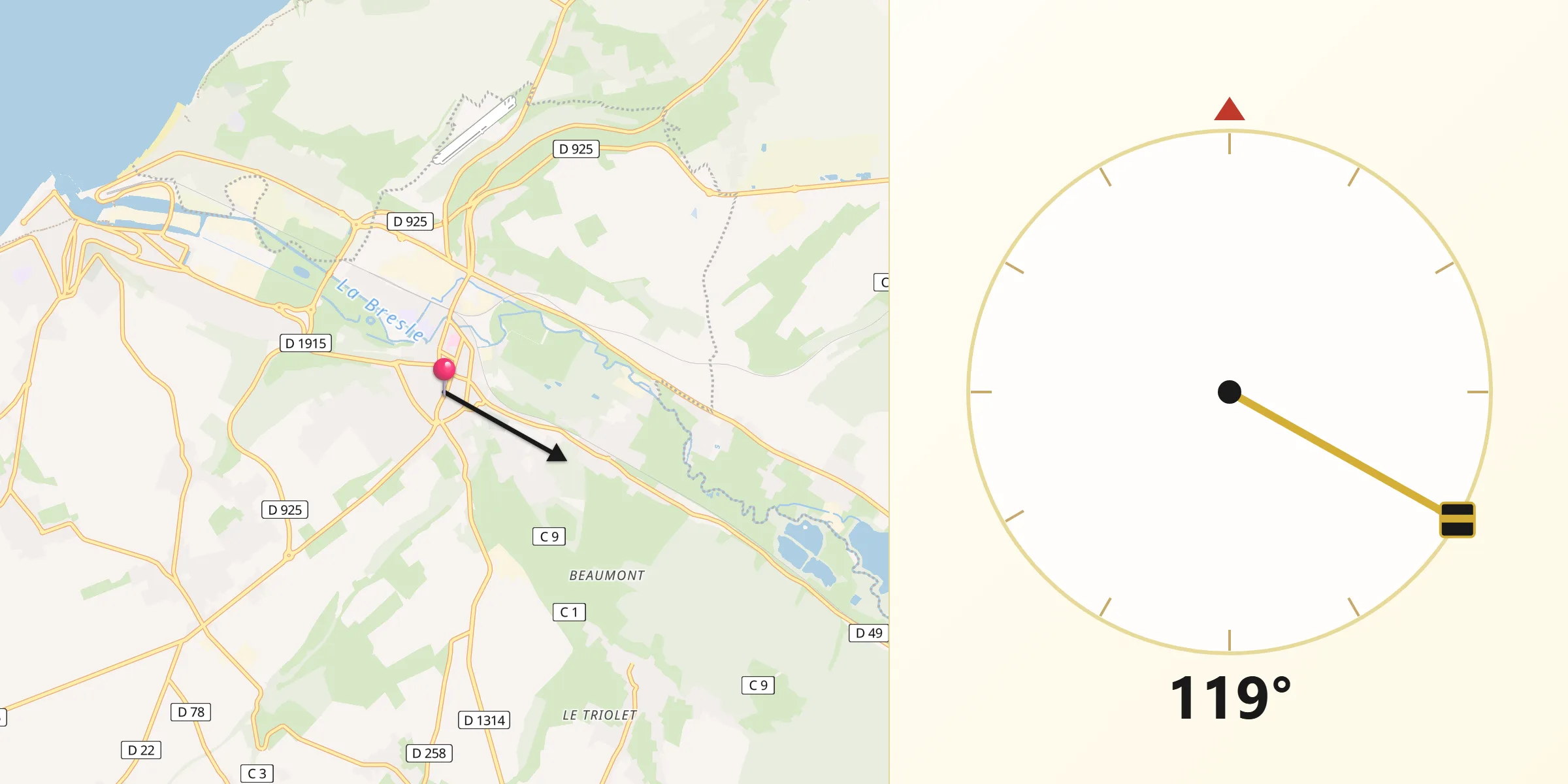 Direction vers la Qibla depuis Eu