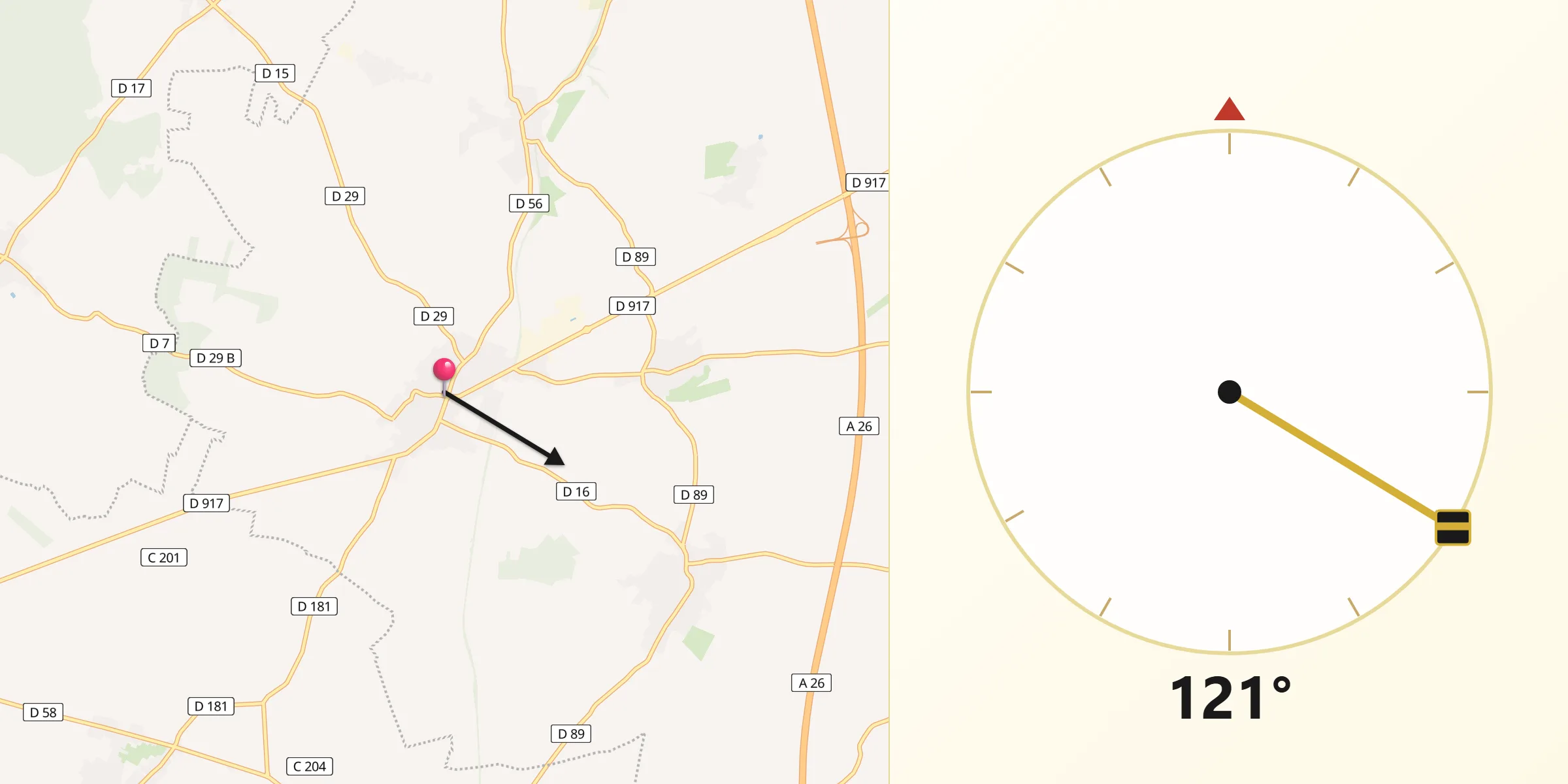Direction vers la Qibla depuis Gouzeaucourt
