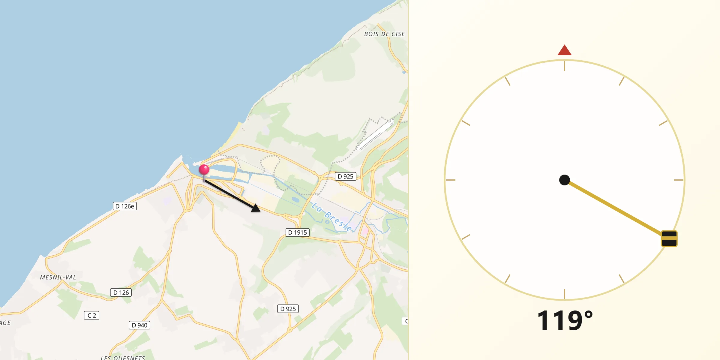 Direction vers la Qibla depuis Le Tréport