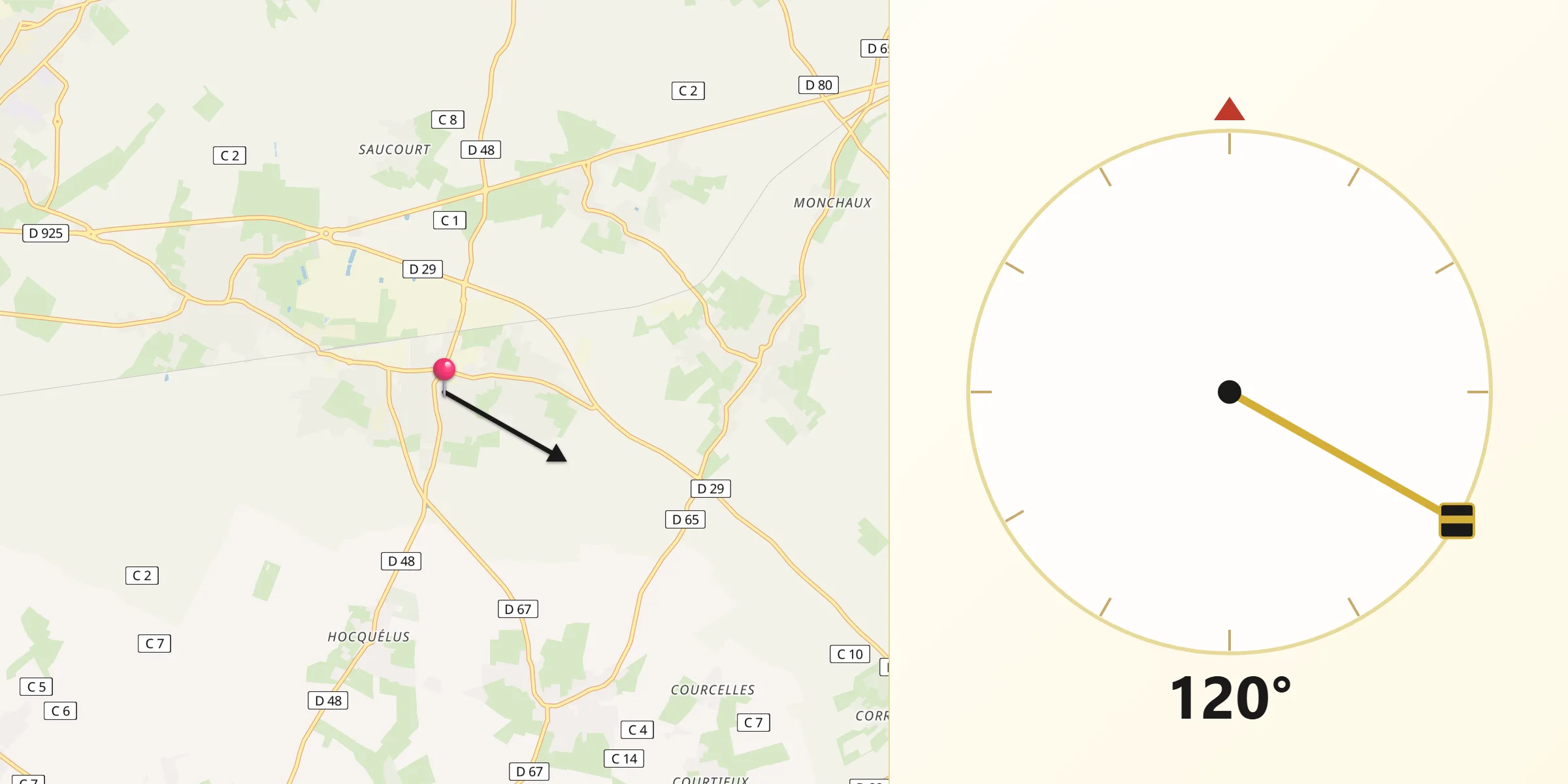 Direction vers la Qibla depuis Feuquières-en-Vimeu