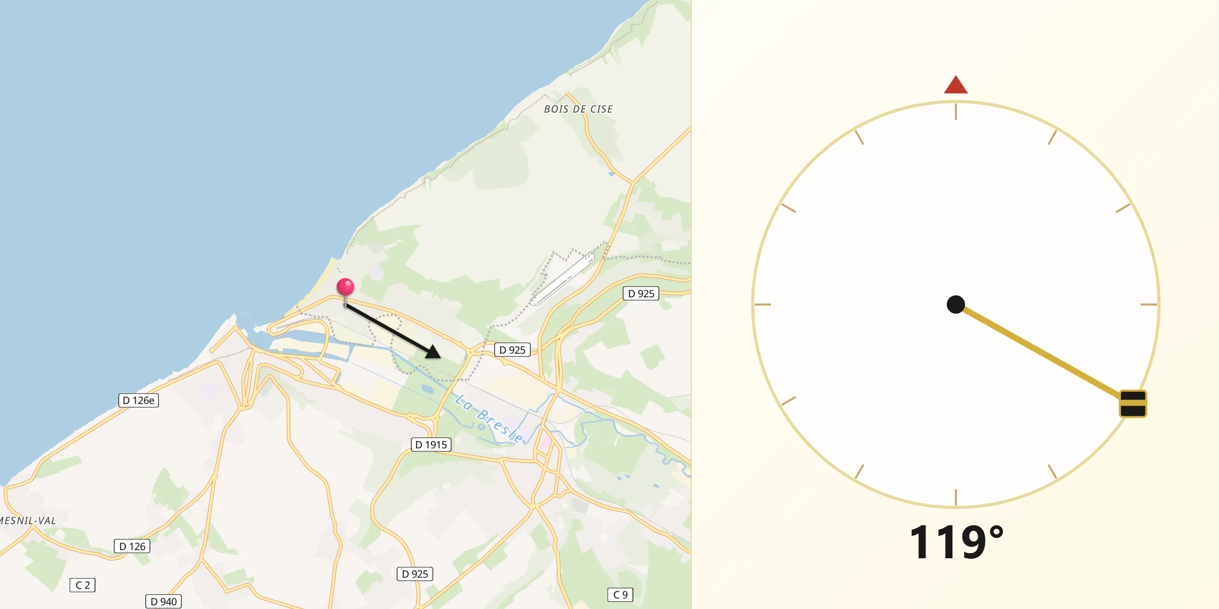 Direction vers la Qibla depuis Mers-les-Bains