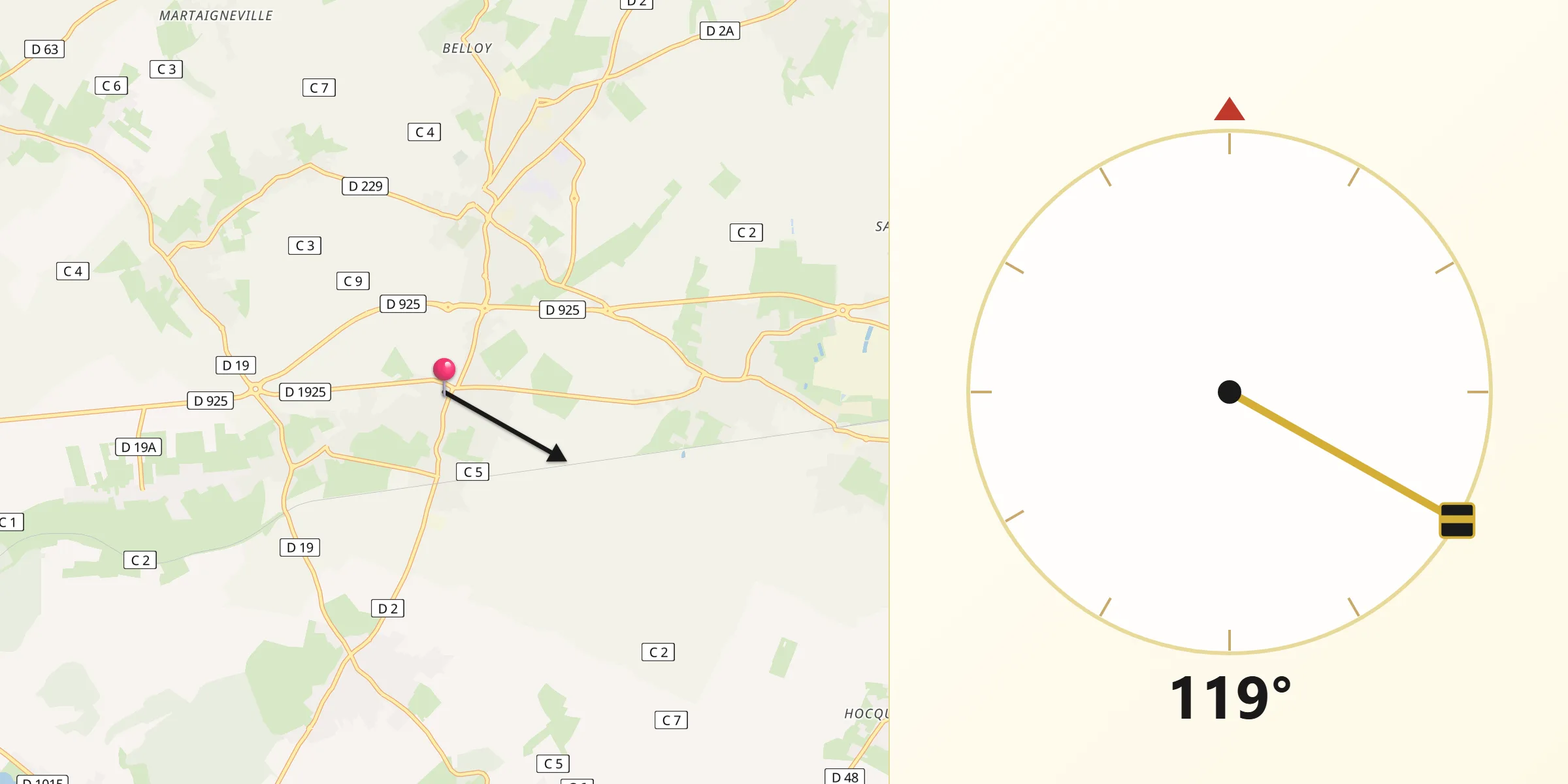 Direction vers la Qibla depuis Woincourt