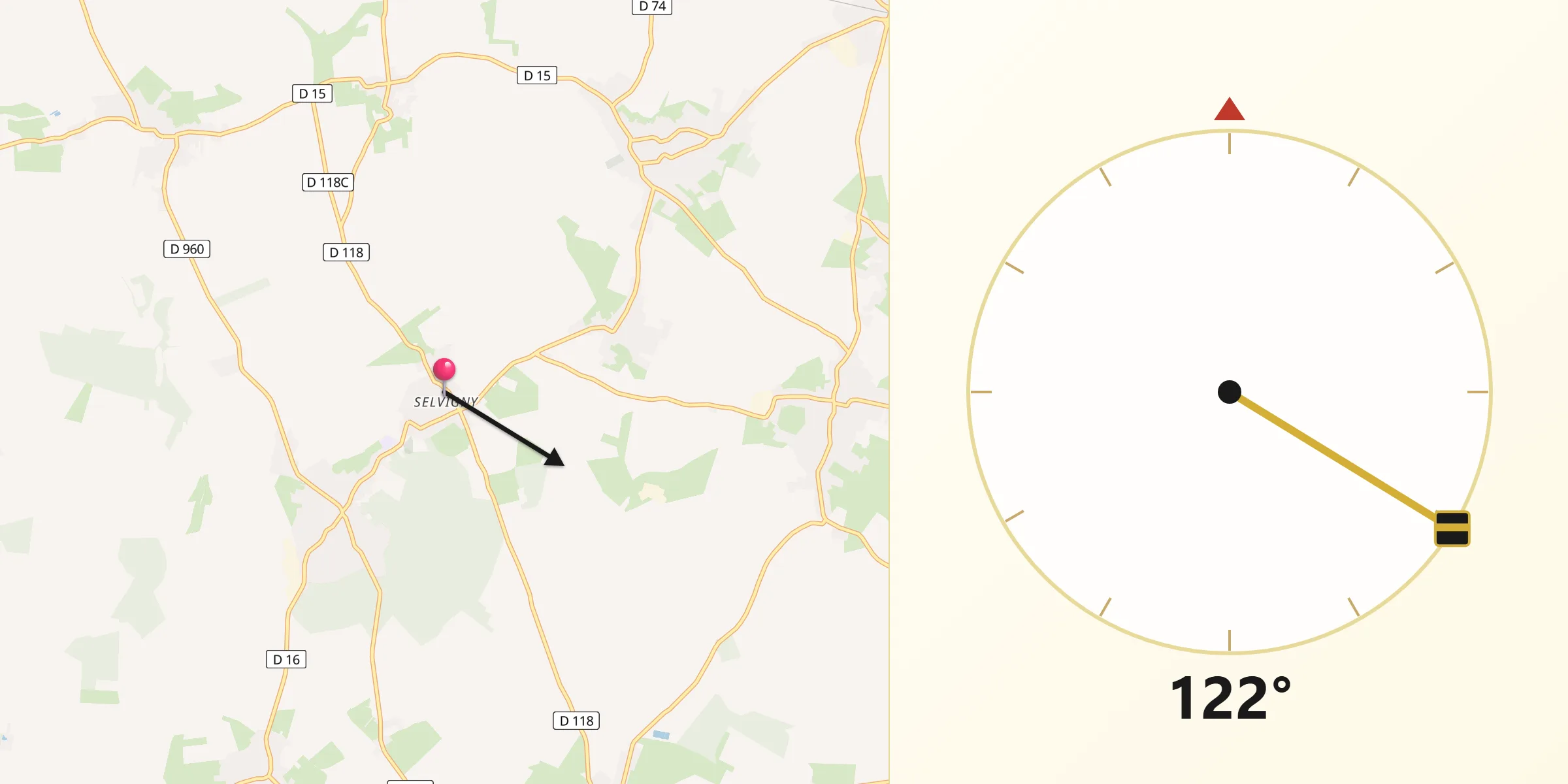 Direction vers la Qibla depuis Selvigny