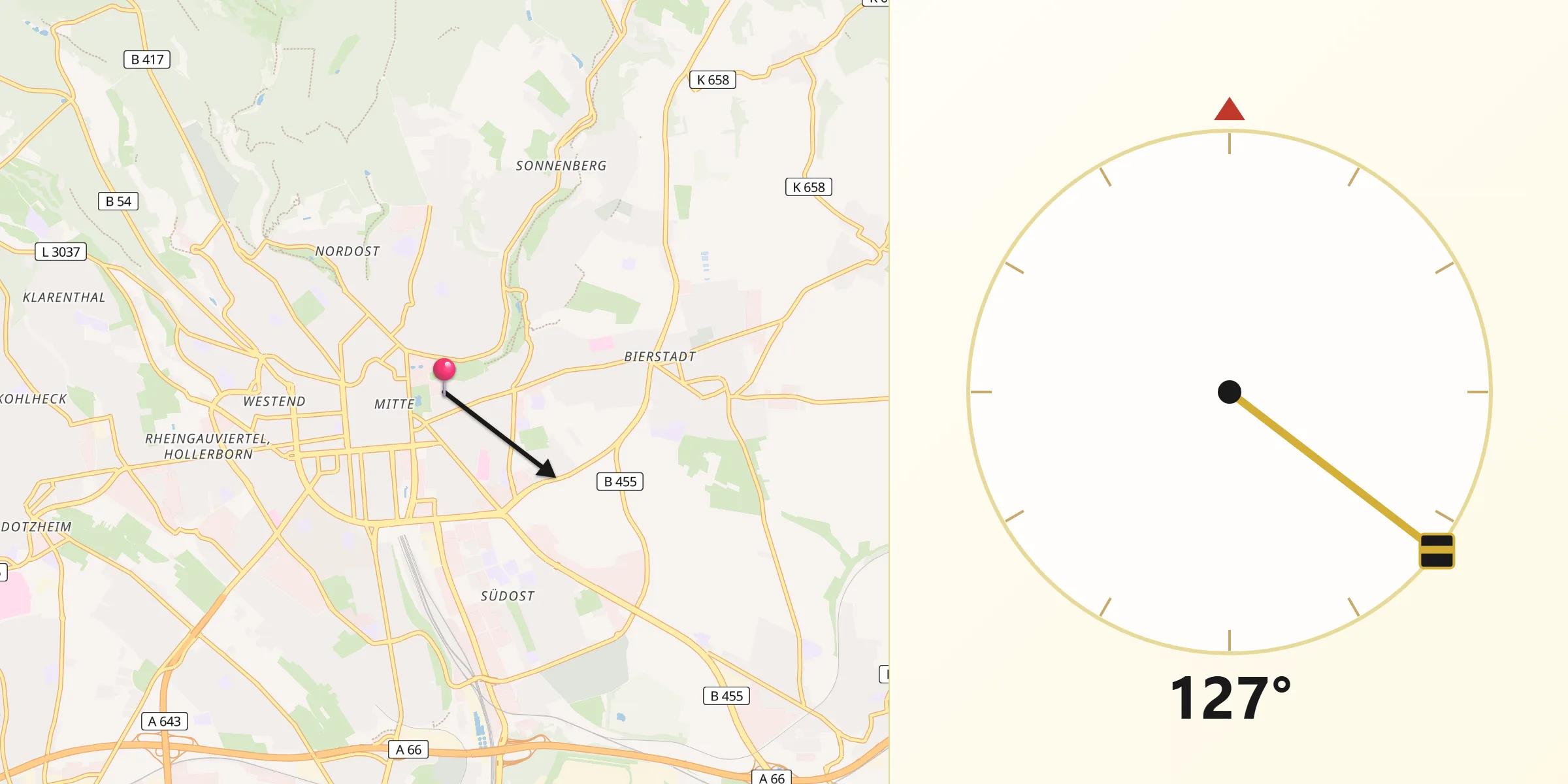 Kierunek Qibla z Wiesbaden