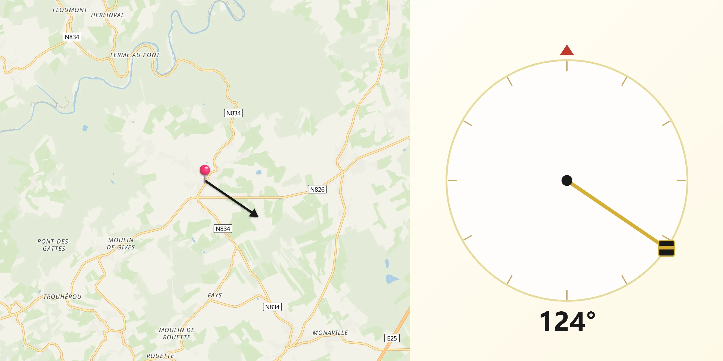 Direction vers la Qibla depuis Bertogne