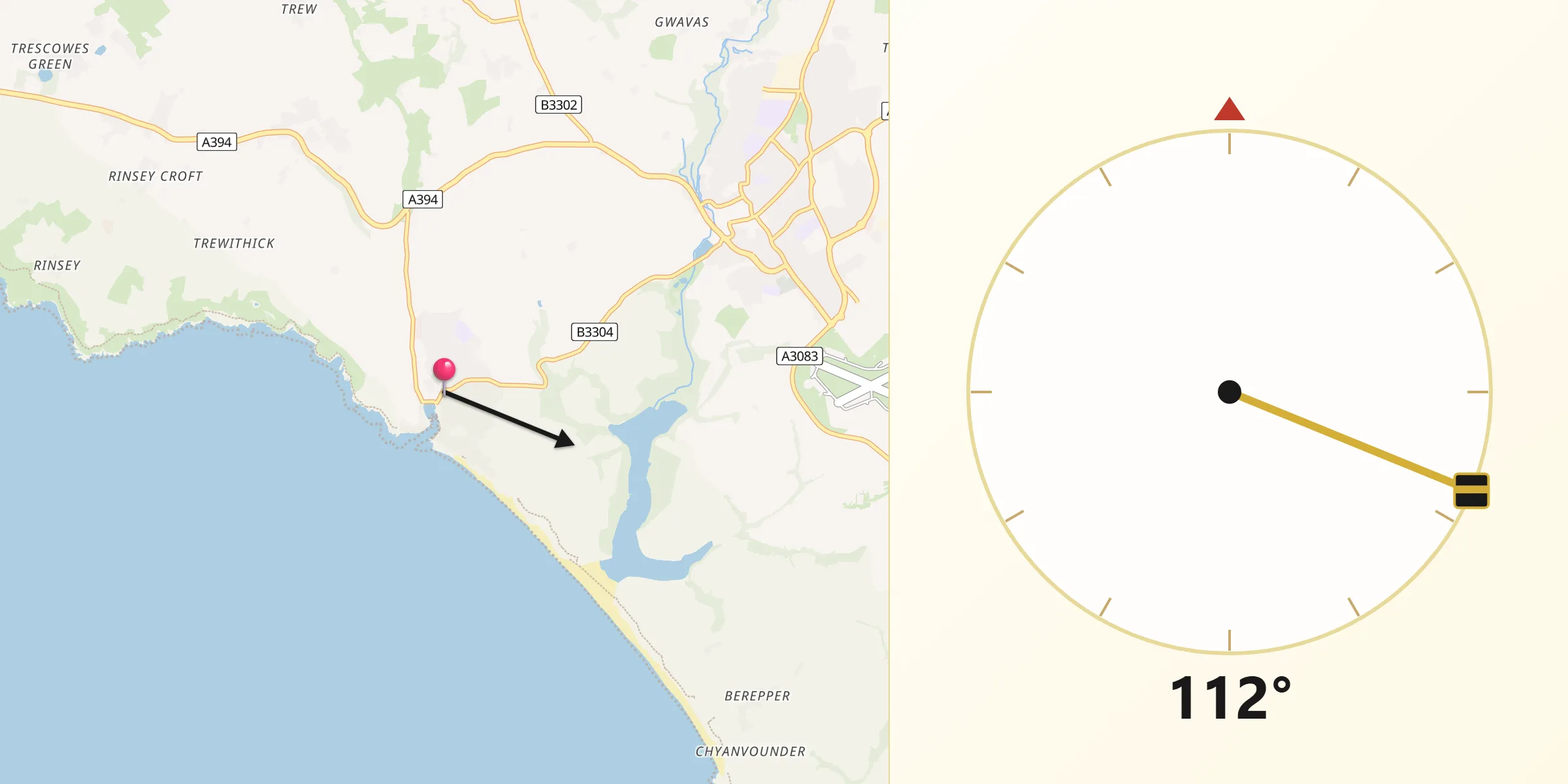 Qibla Direction from Porthleven