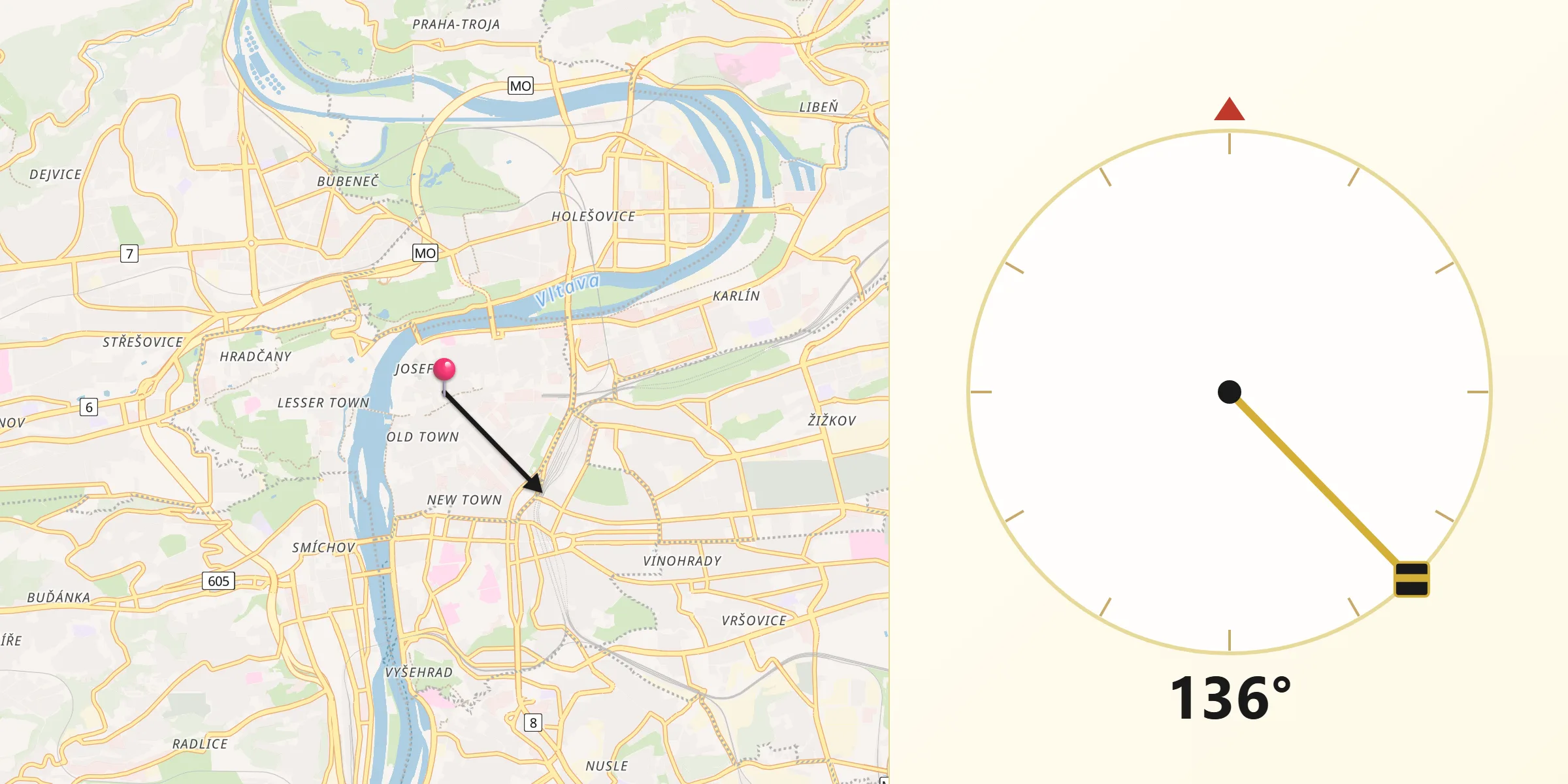 Direction vers la Qibla depuis Prague