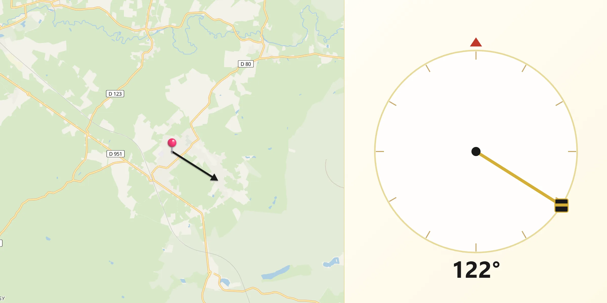 Direction vers la Qibla depuis Sains-du-Nord