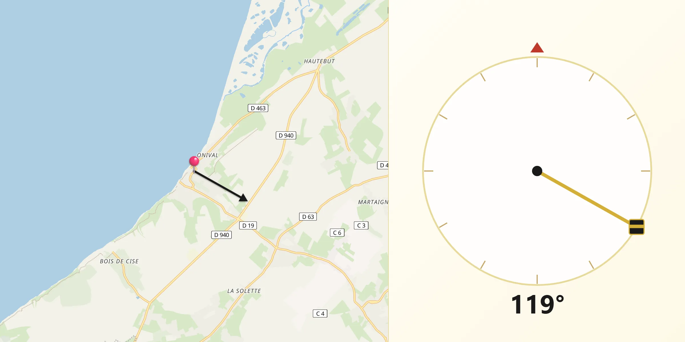 Direction vers la Qibla depuis Ault