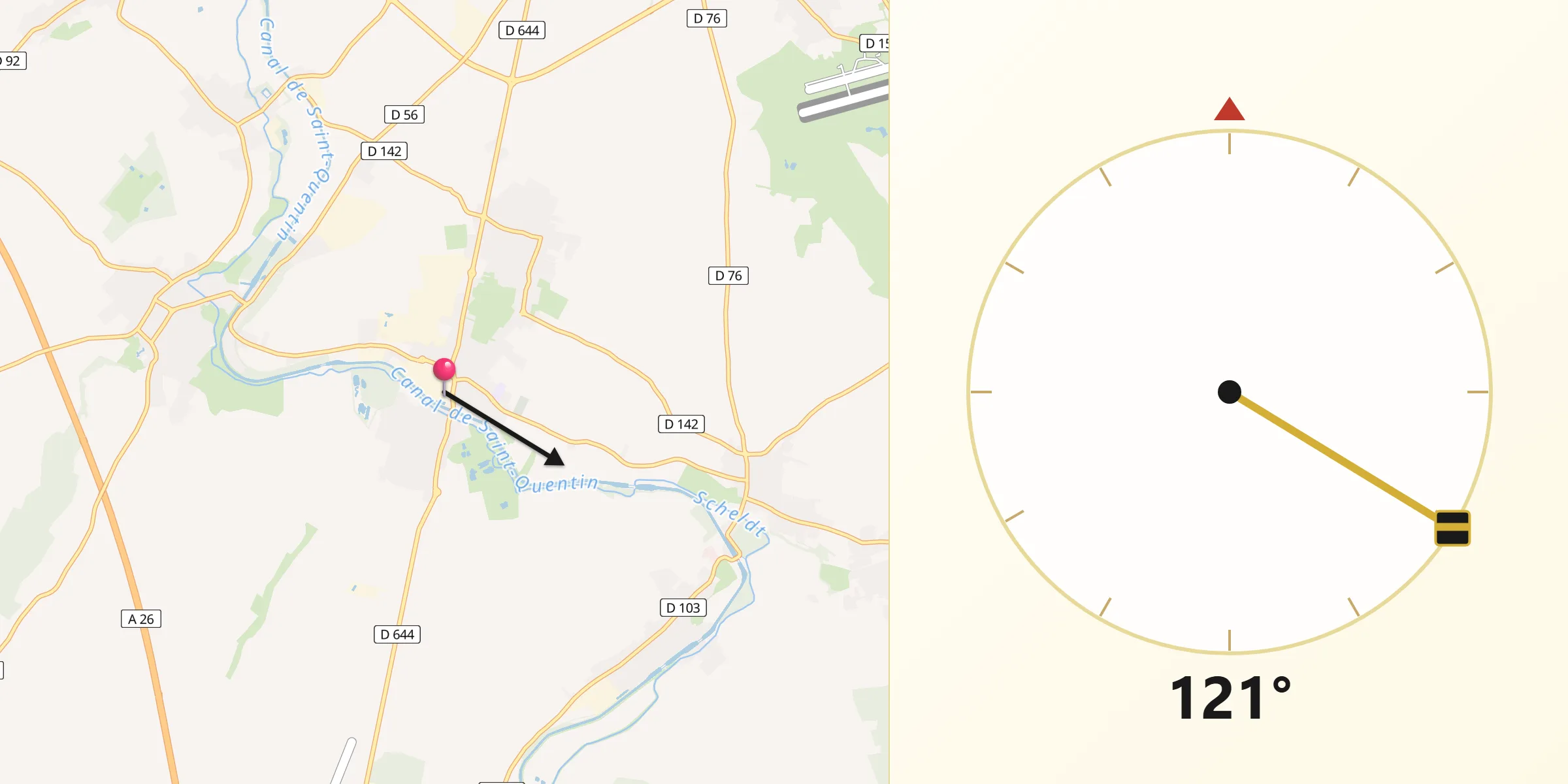 Direction vers la Qibla depuis Masnières