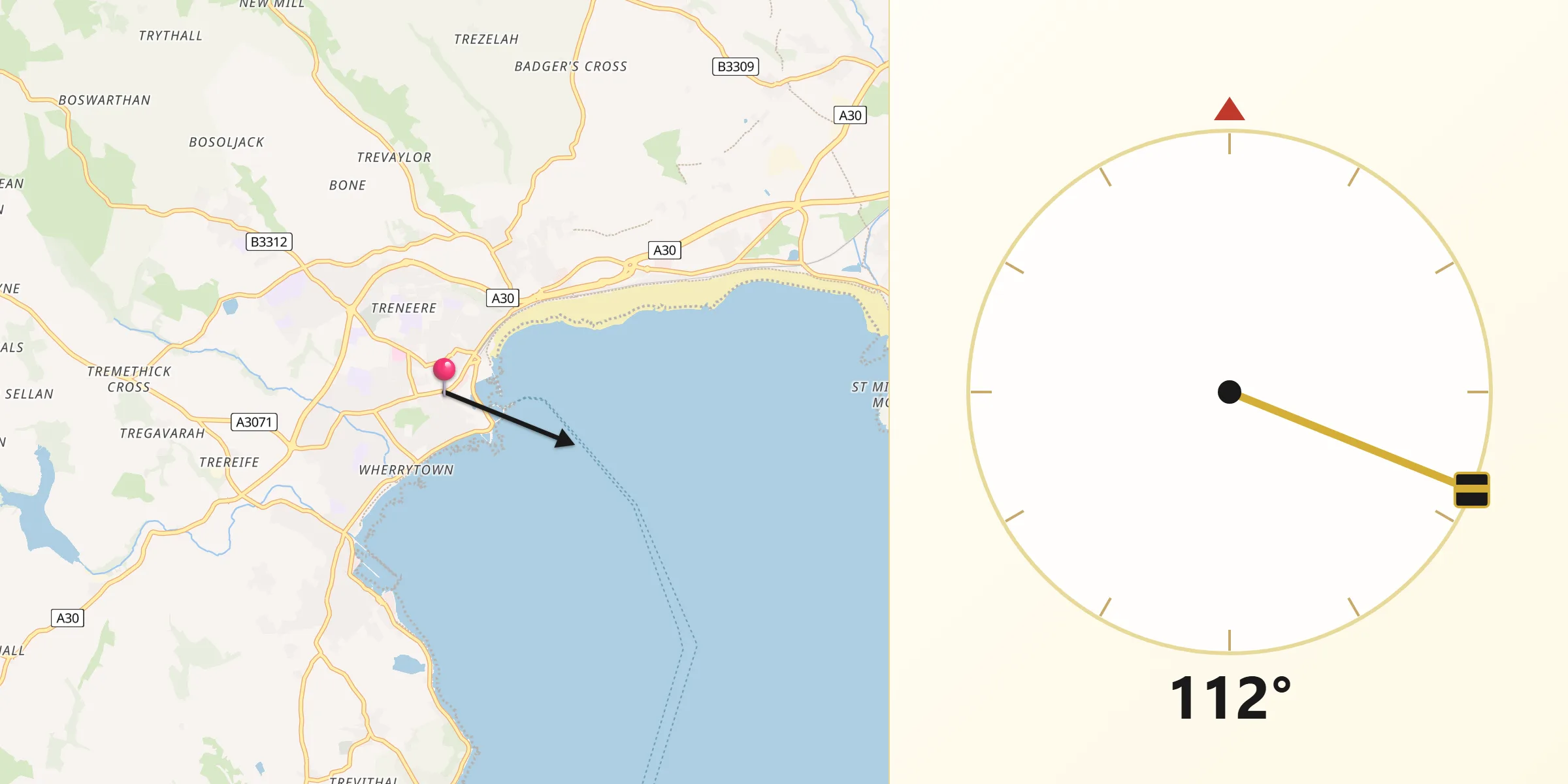 Qibla Direction from Penzance