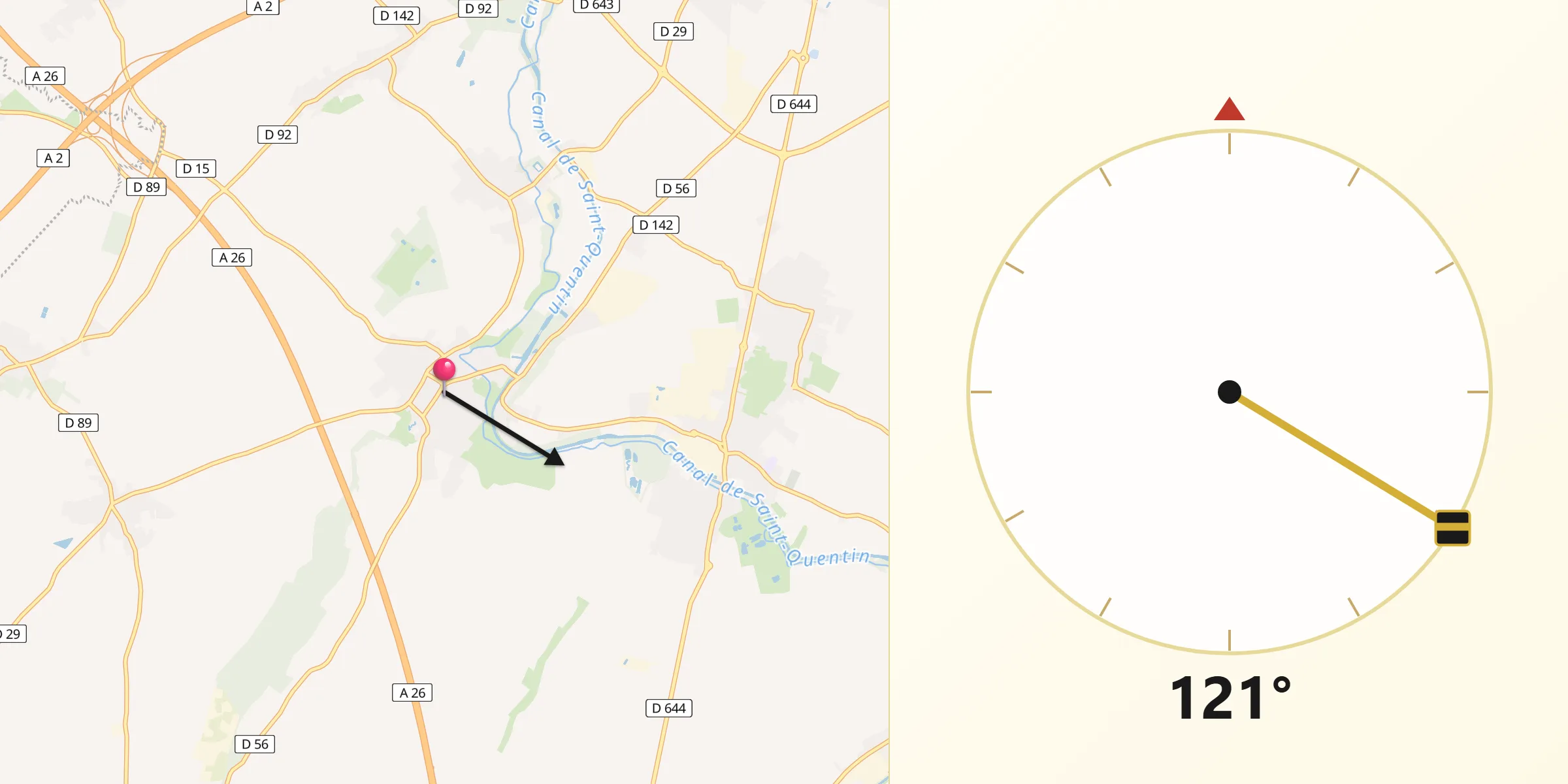 Direction vers la Qibla depuis Marcoing