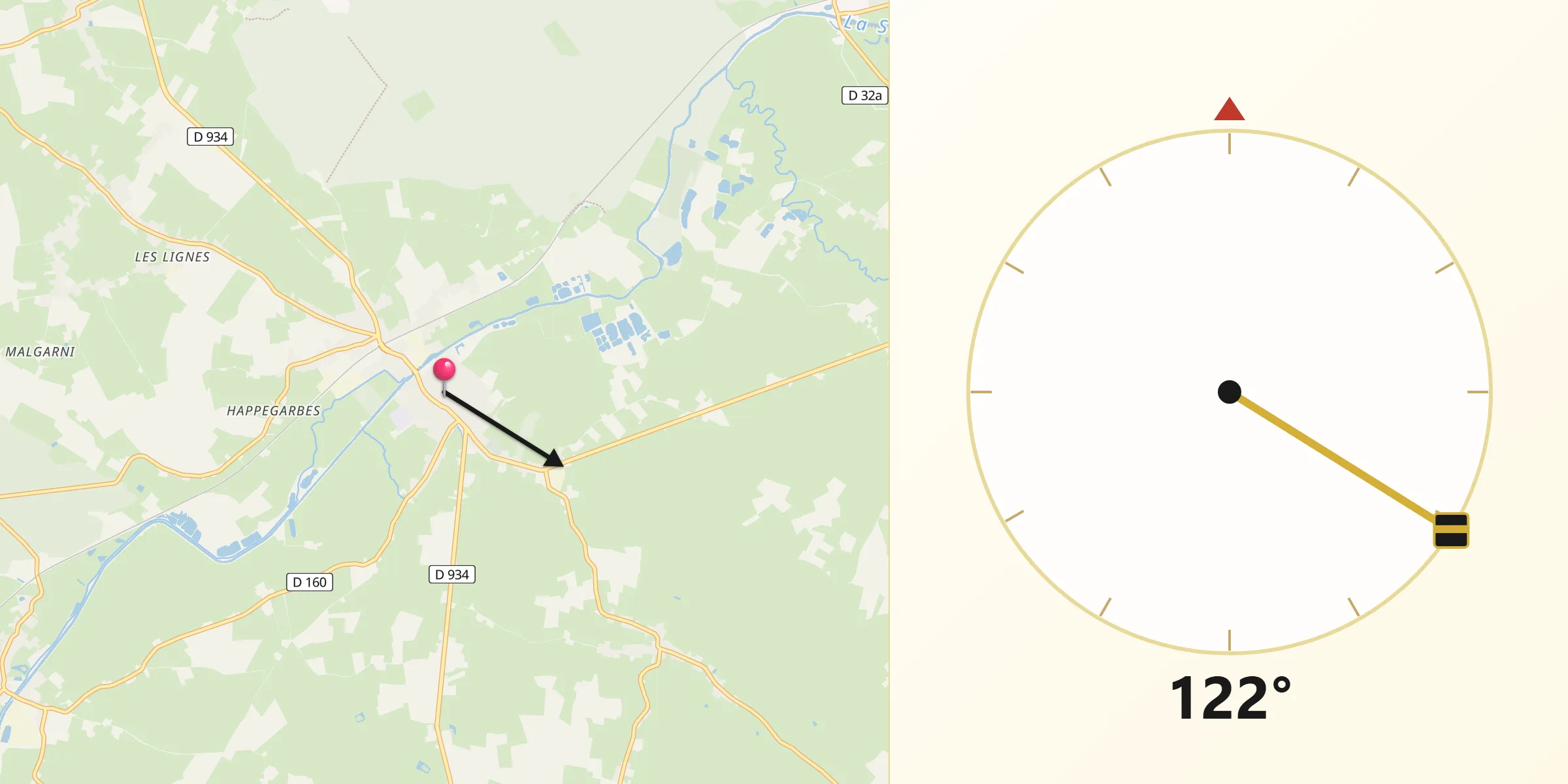 Direction vers la Qibla depuis Landrecies
