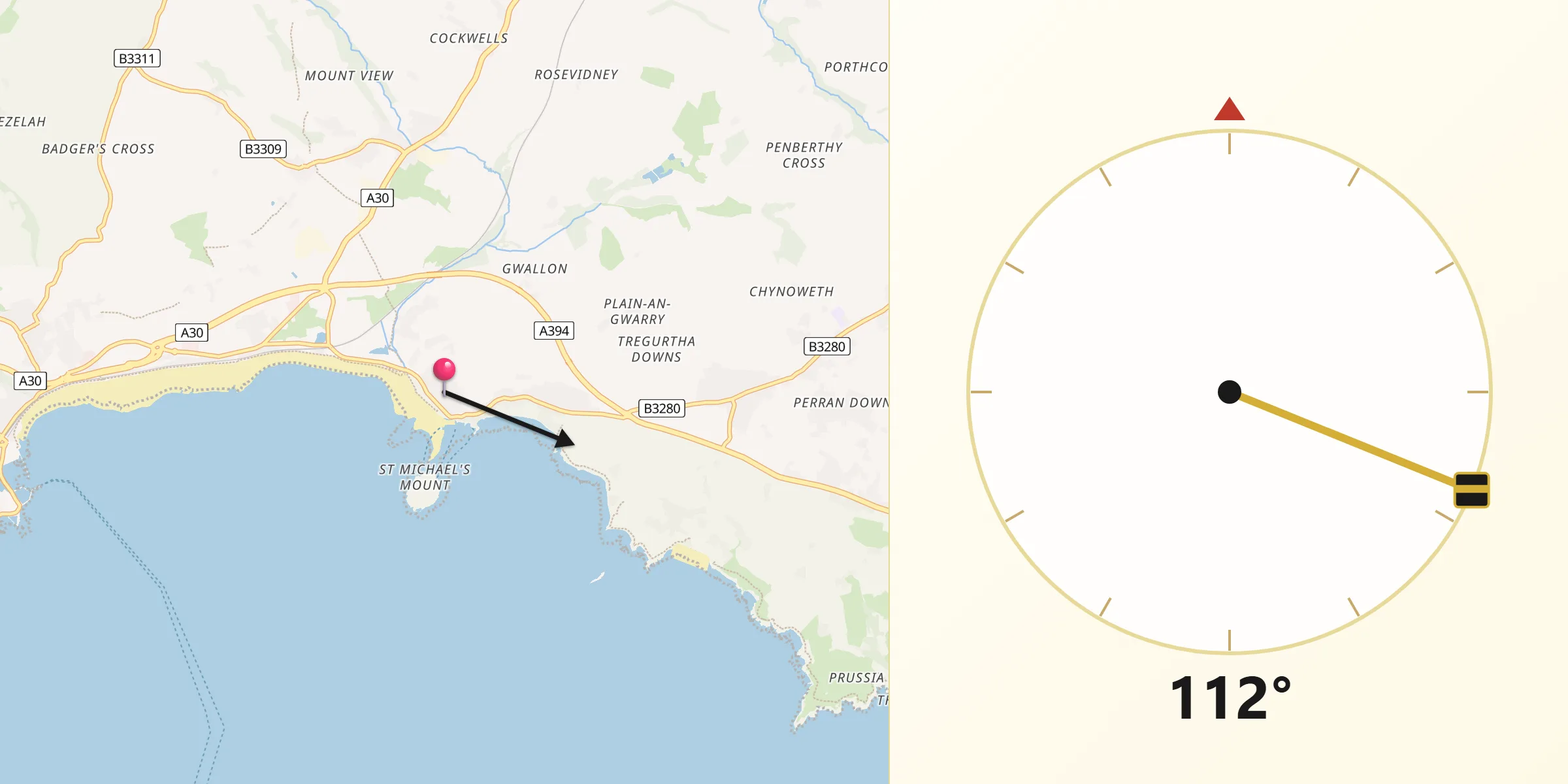 Qibla Direction from Marazion
