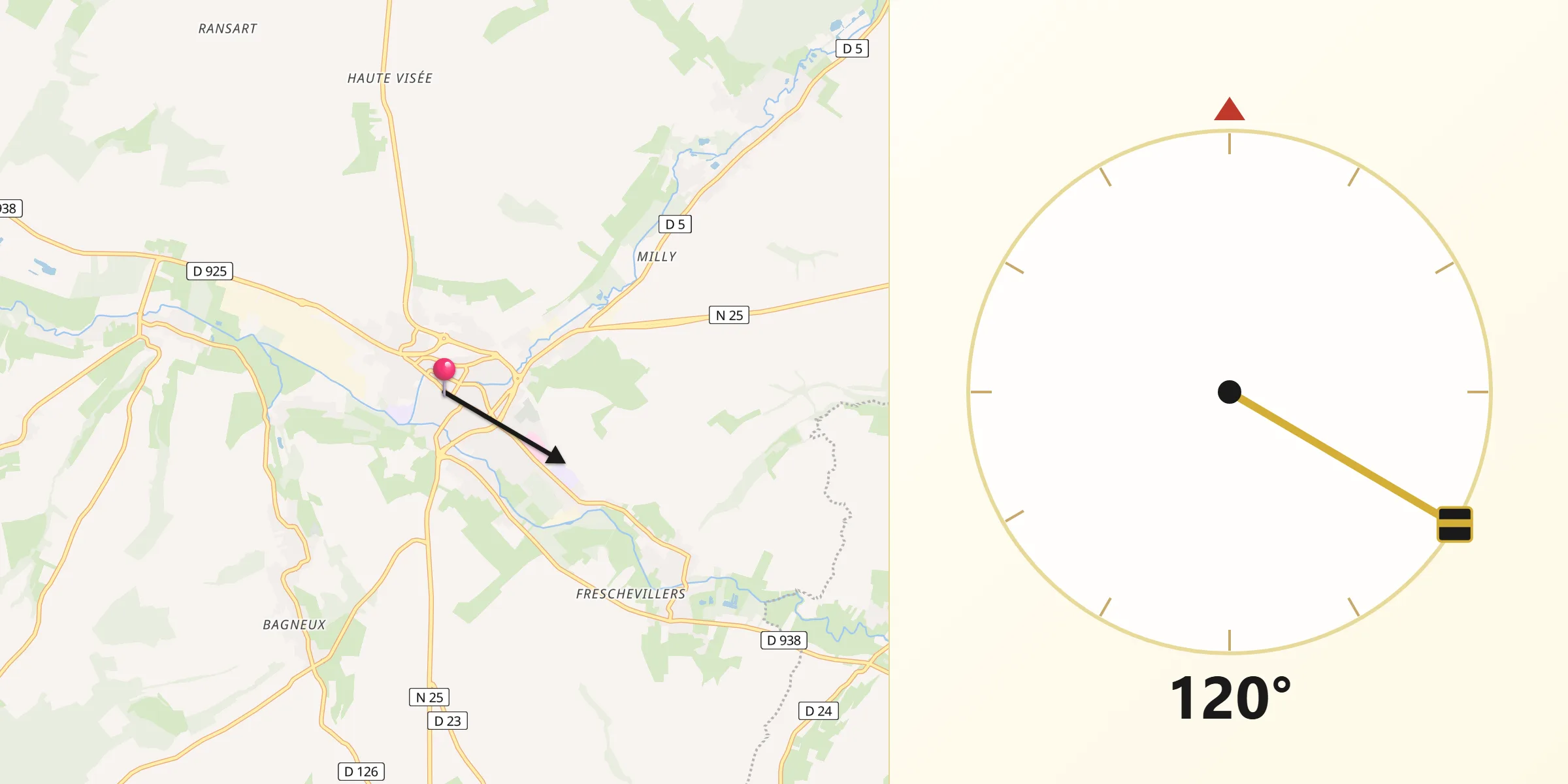 Direction vers la Qibla depuis Doullens