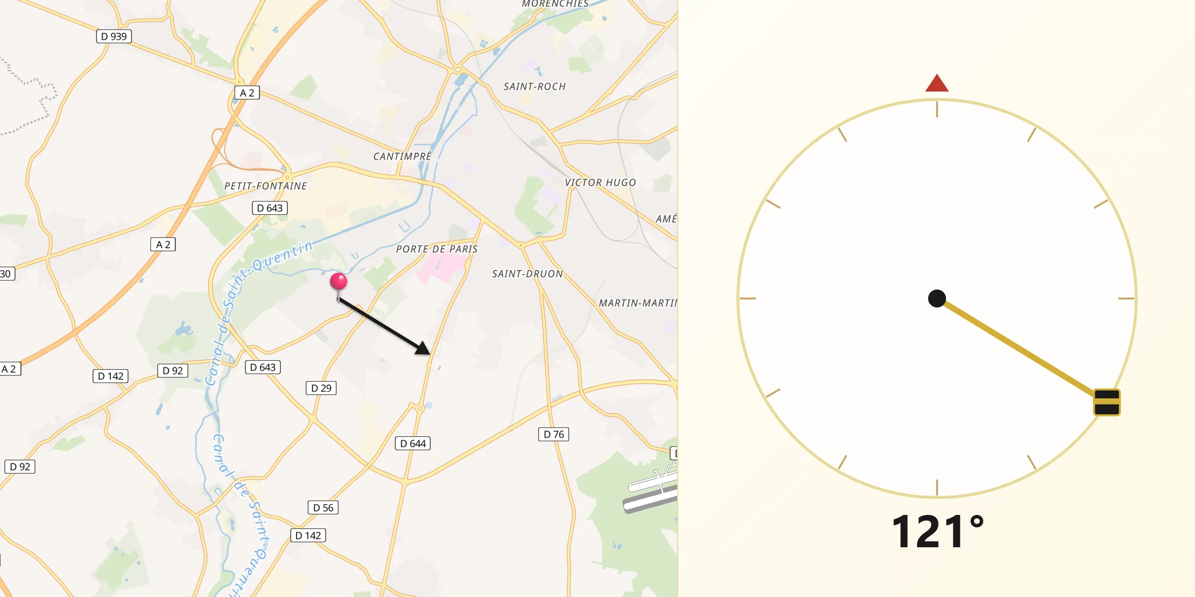 Direction vers la Qibla depuis Proville