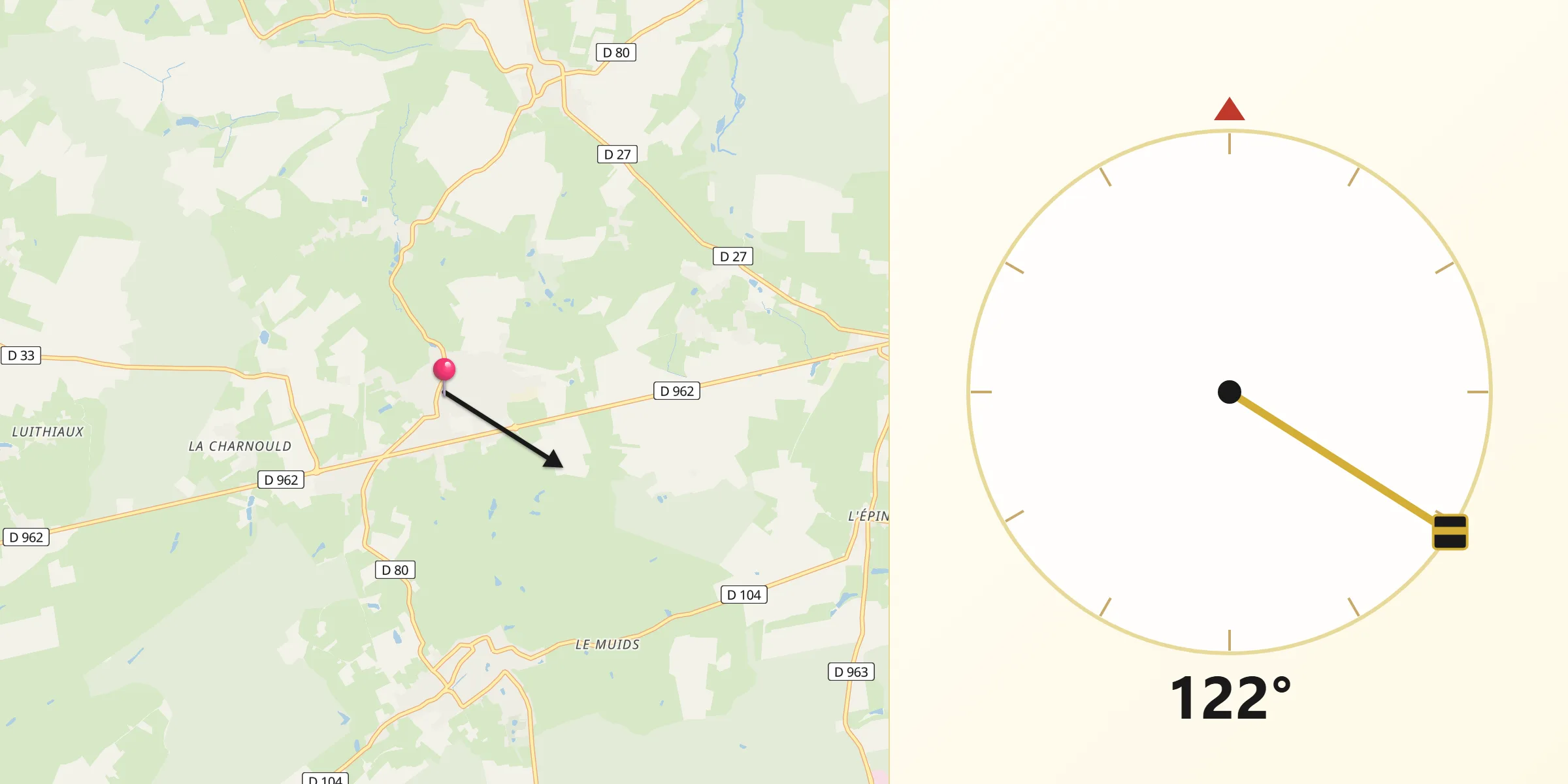 Direction vers la Qibla depuis Sars-Poteries
