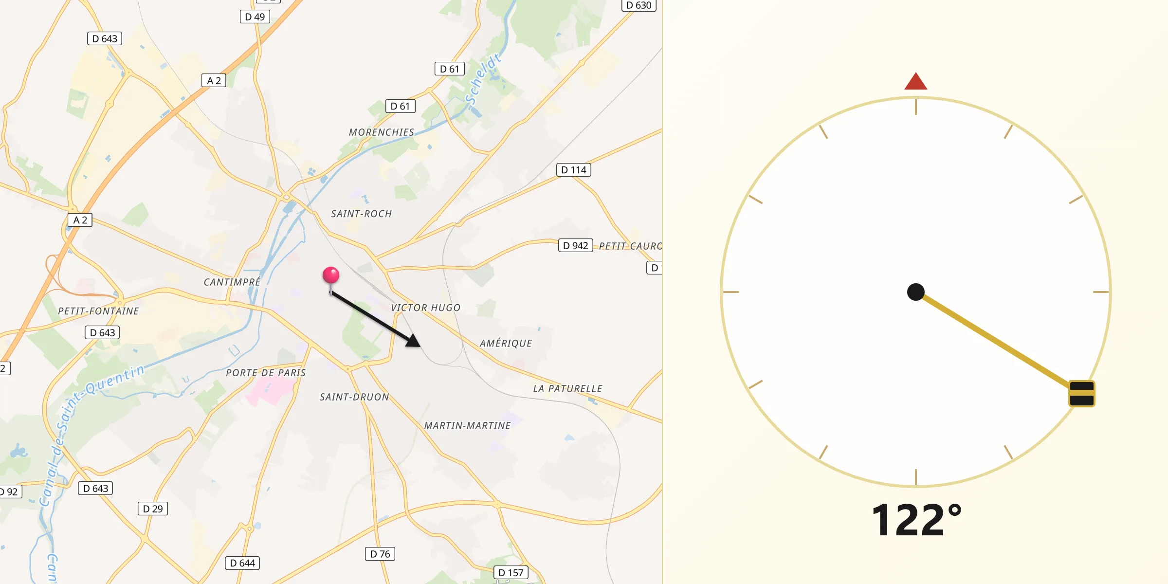 Direction vers la Qibla depuis Cambrai