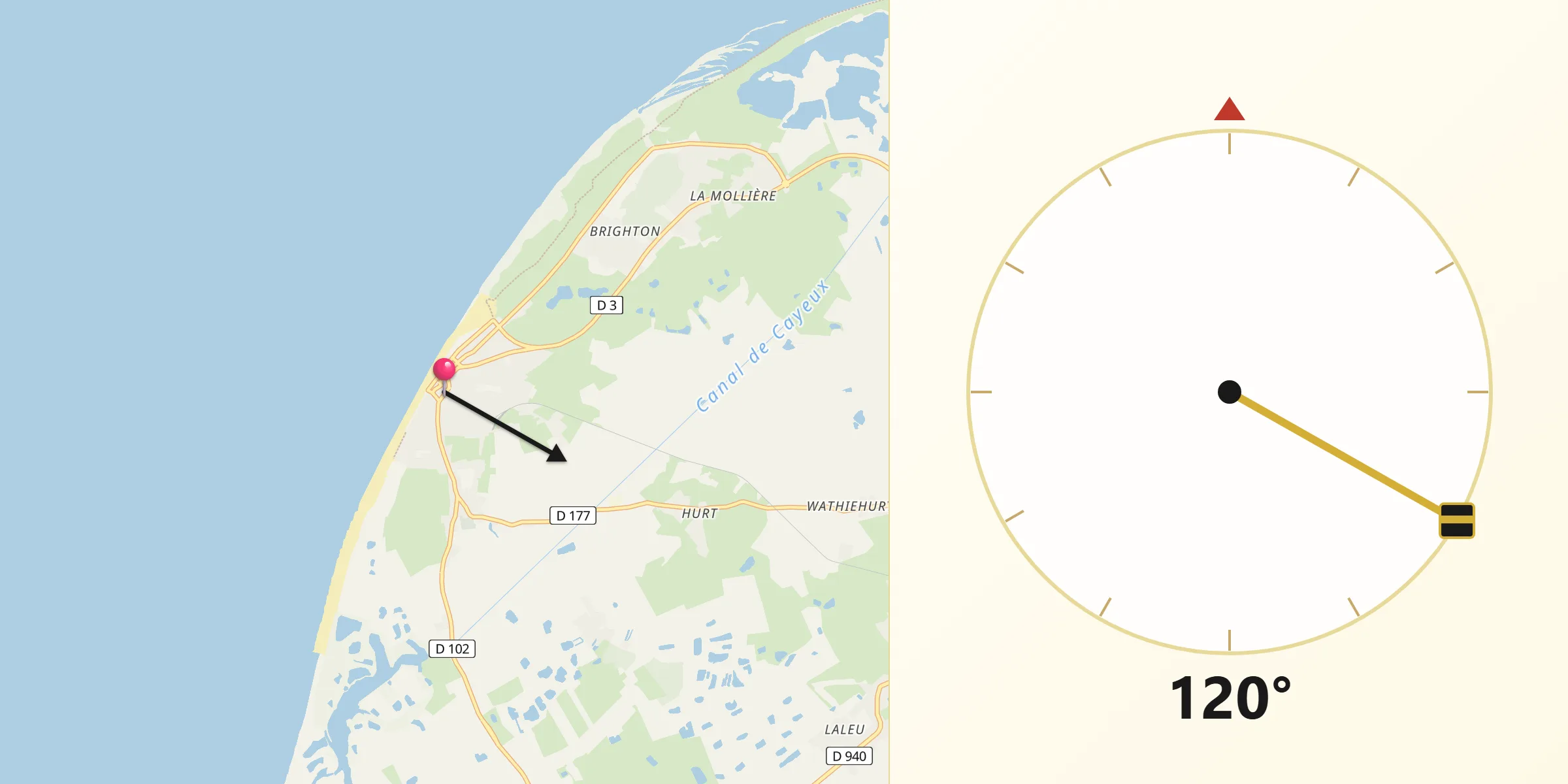Direction vers la Qibla depuis Cayeux-sur-Mer