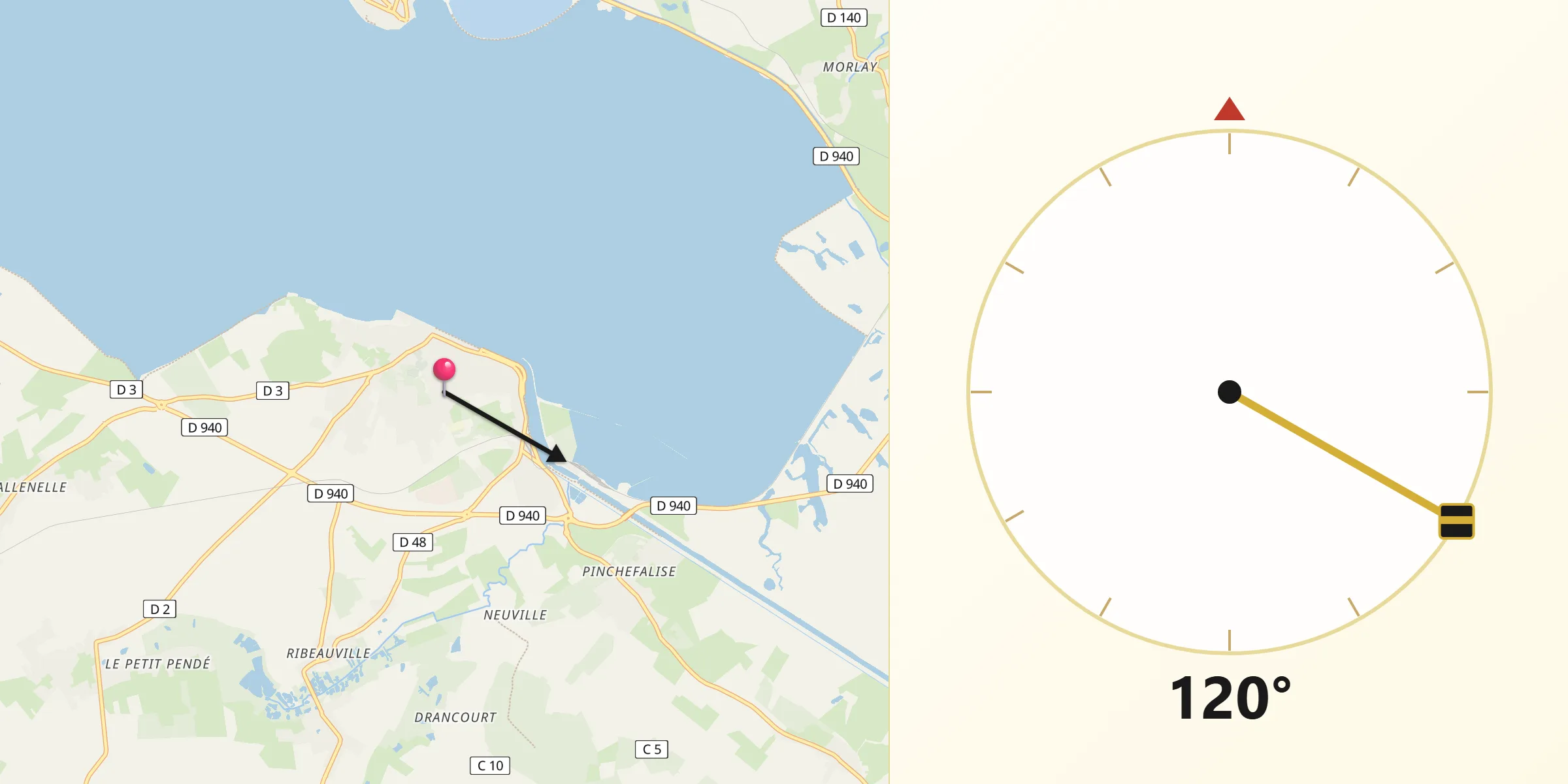 Direction vers la Qibla depuis Saint-Valery-sur-Somme