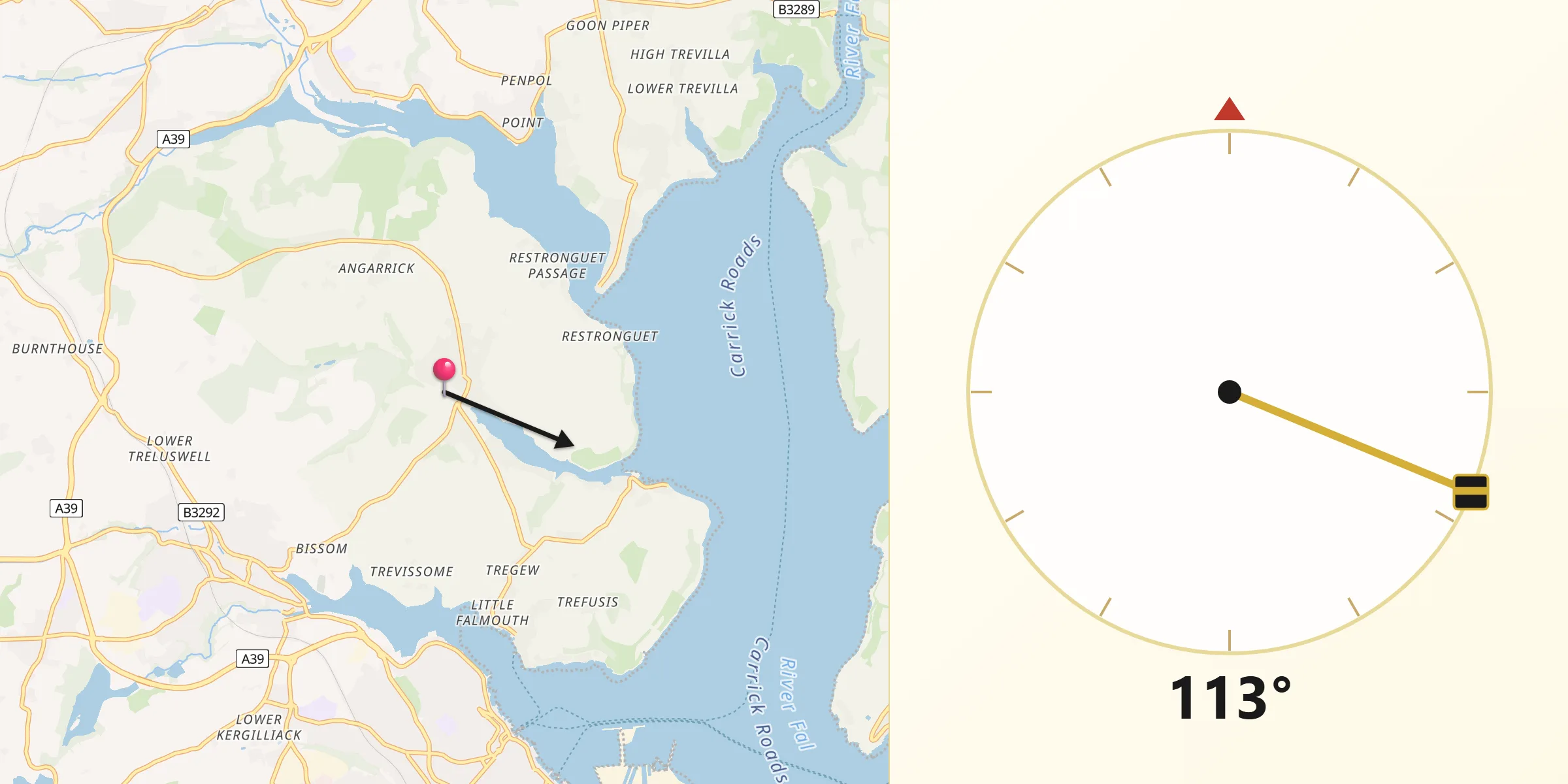 Qibla Direction from Mylor Bridge