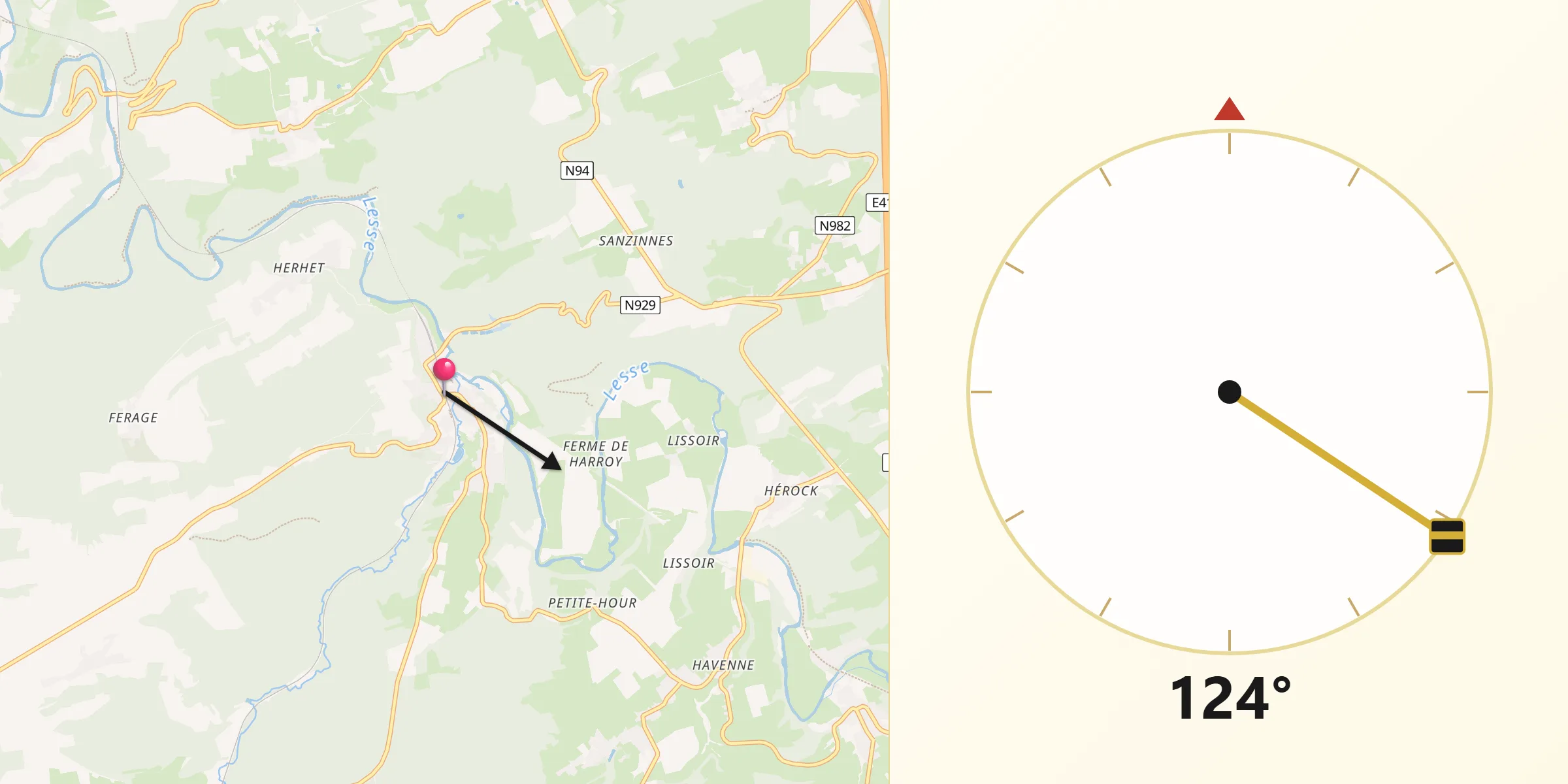 Direction vers la Qibla depuis Houyet