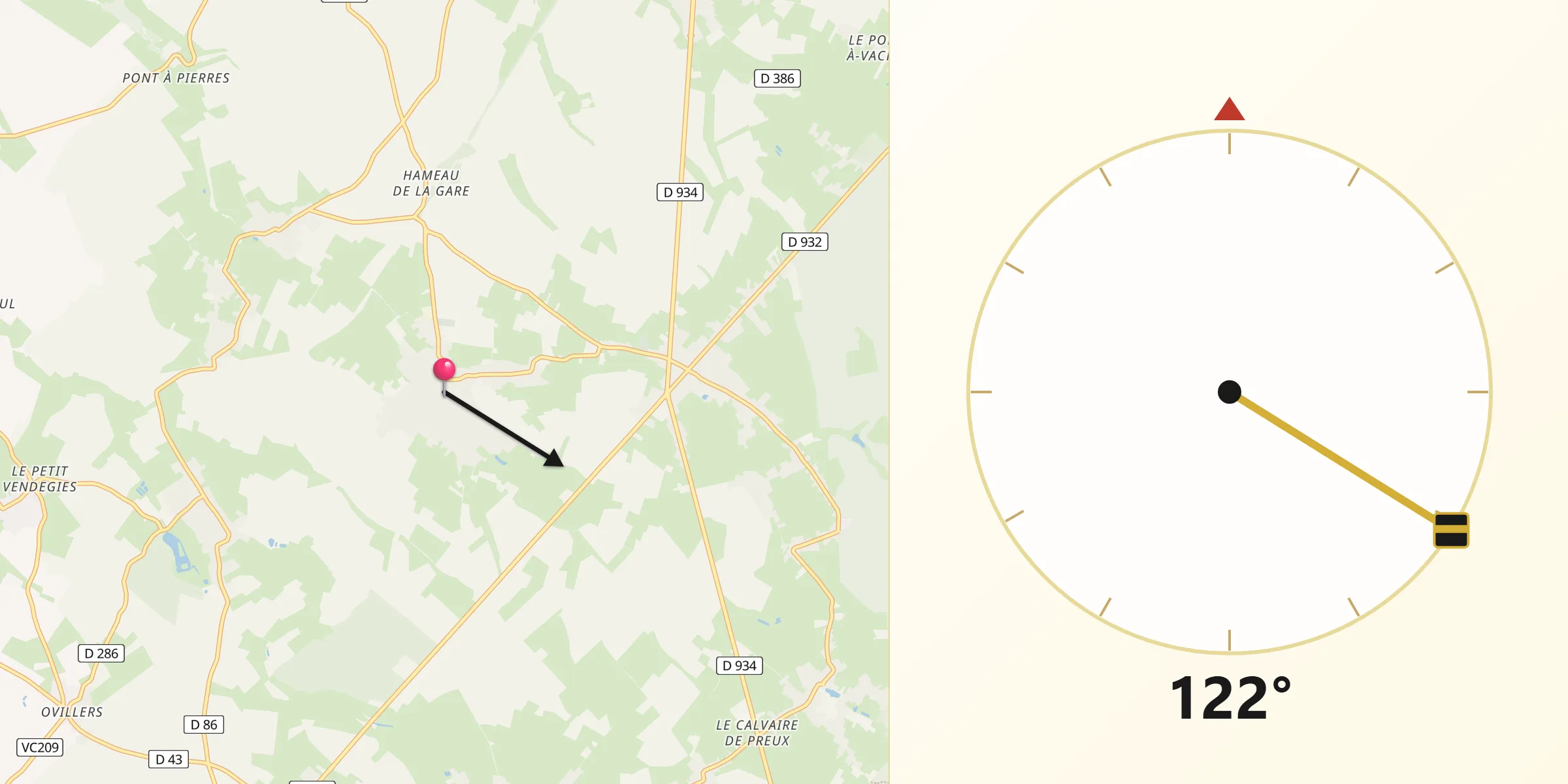 Direction vers la Qibla depuis Poix-du-Nord