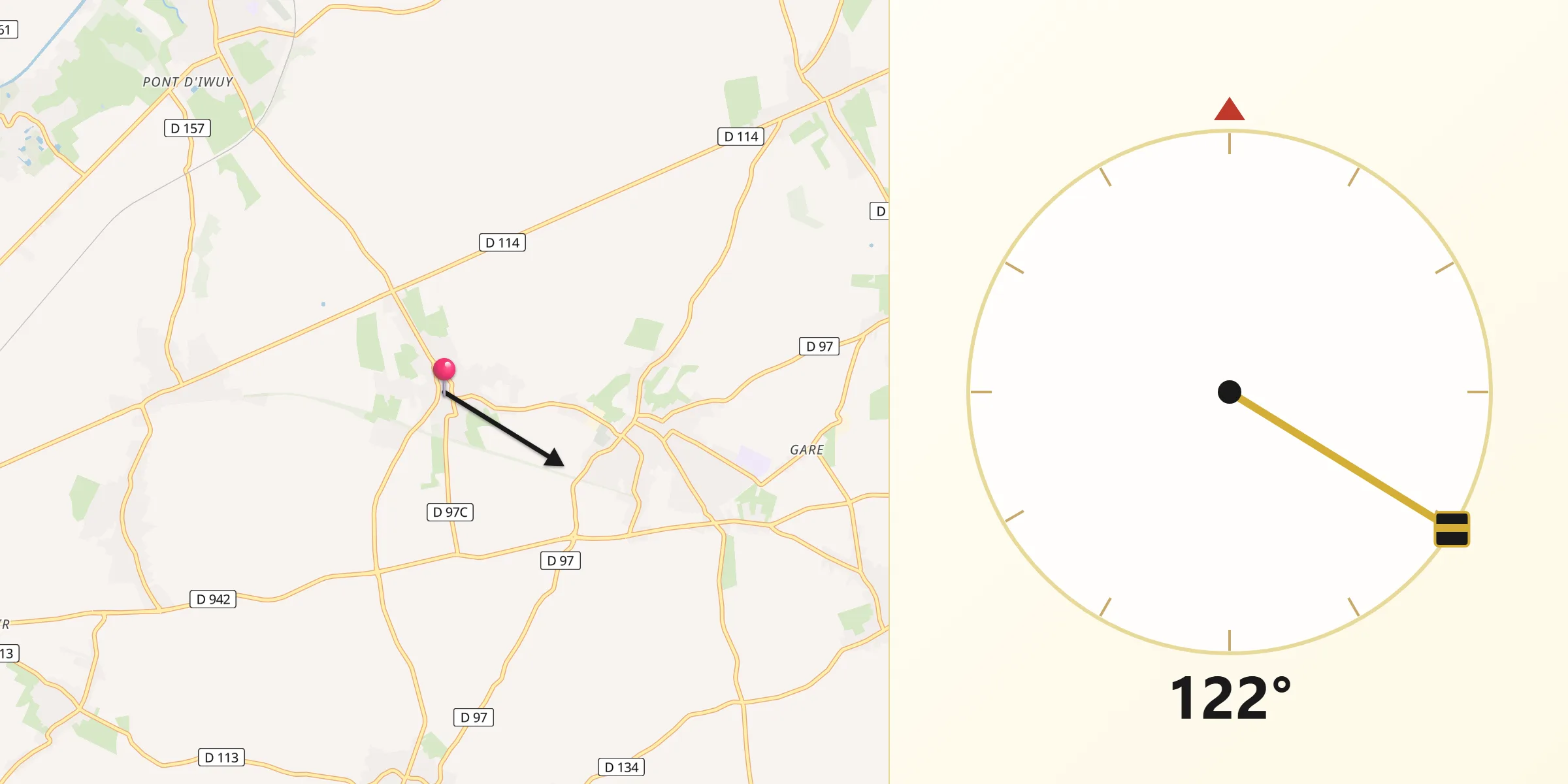 Direction vers la Qibla depuis Rieux-en-Cambrésis
