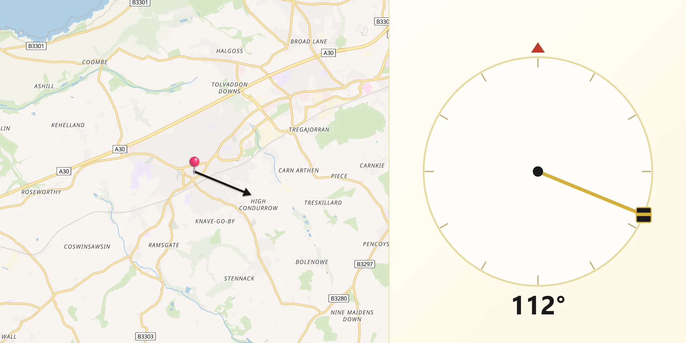 Qibla Direction from Camborne